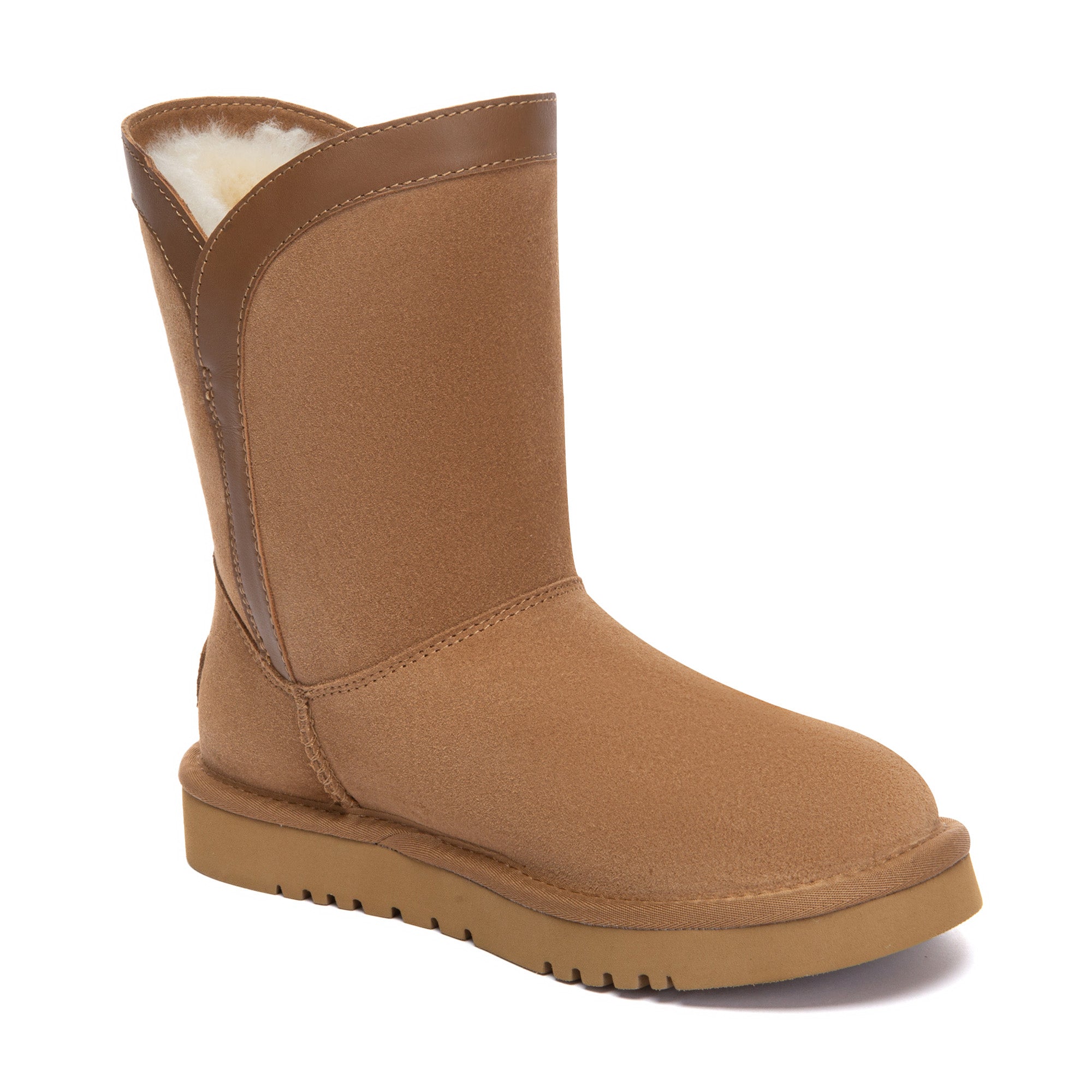 EverUgg V Short Classic UGG Boots in tan leather with shearling lining, showing the side view and textured sole.
