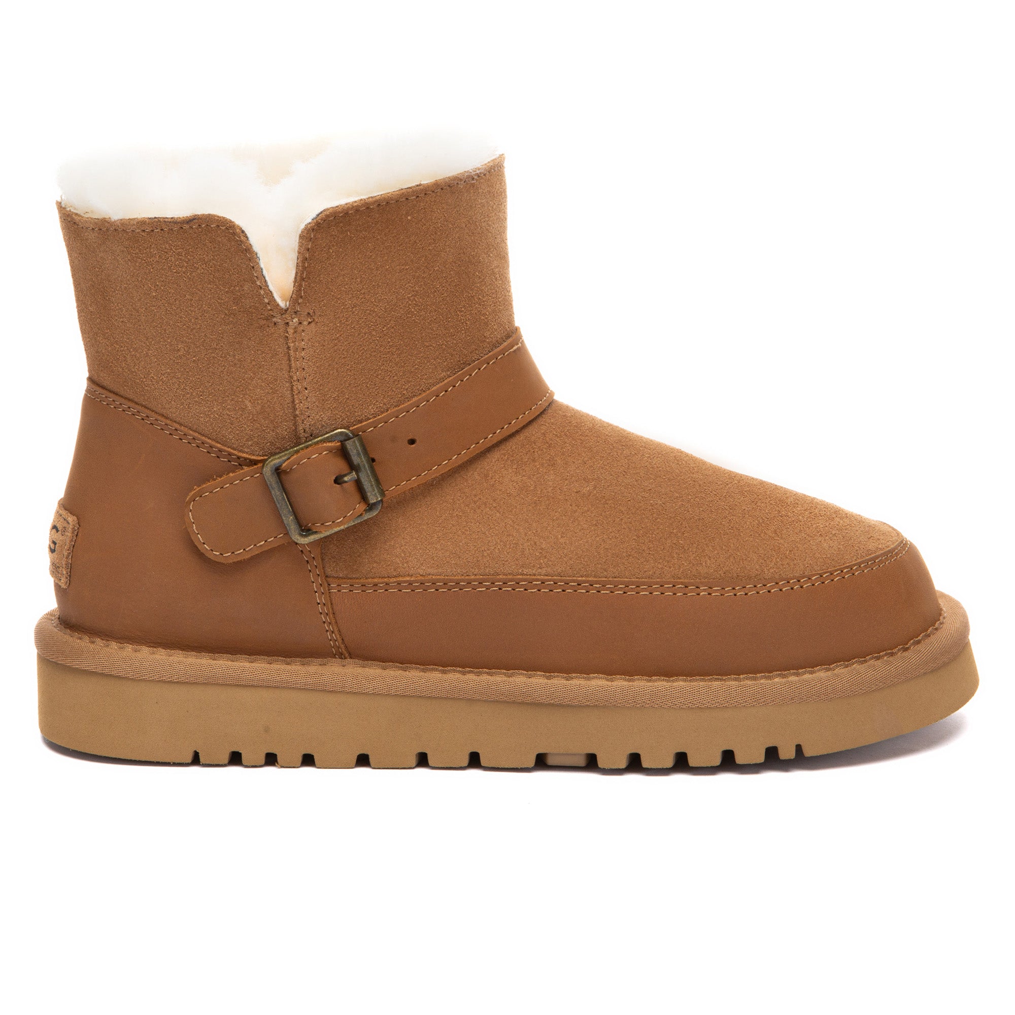 EverUgg Buckle Strap Classic Mini UGG Boots in tan with buckle strap detail and plush sheepskin lining.