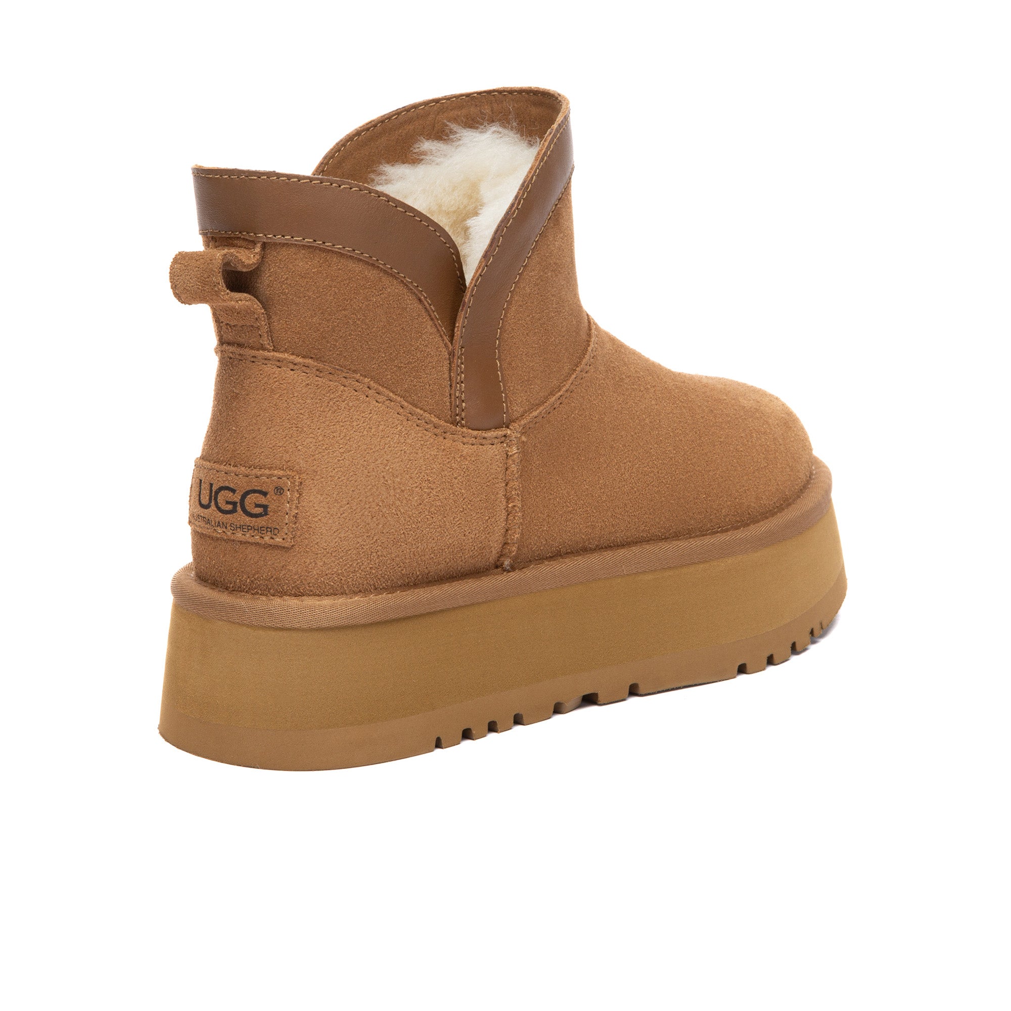 EverUgg V Mini Classic Platform UGG Boots in tan leather with plush lining and thick rubber soles, displayed on a neutral background.