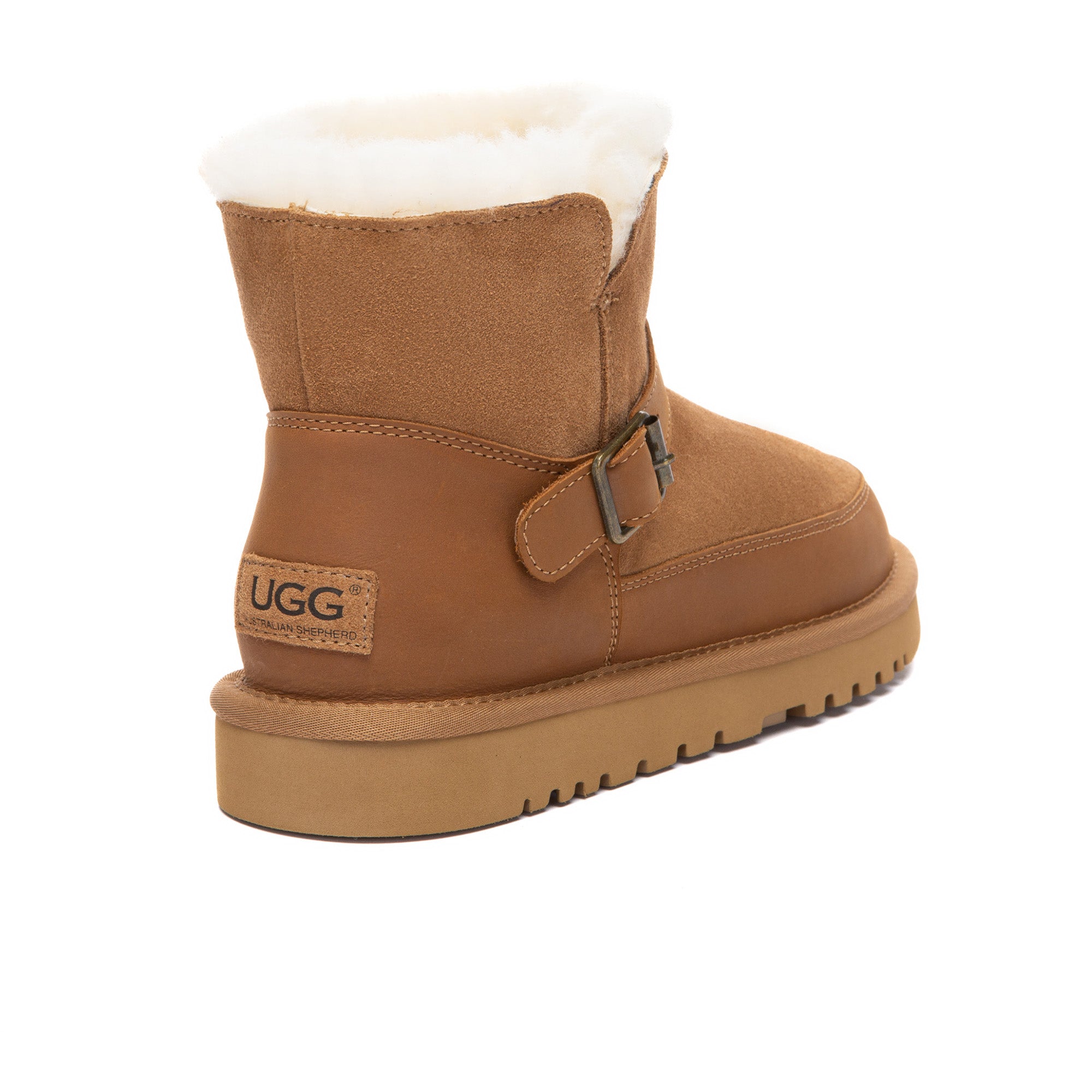 EverUgg Buckle Strap Classic Mini UGG Boots with buckle strap detail and soft suede exterior, perfect for cozy winter wear.