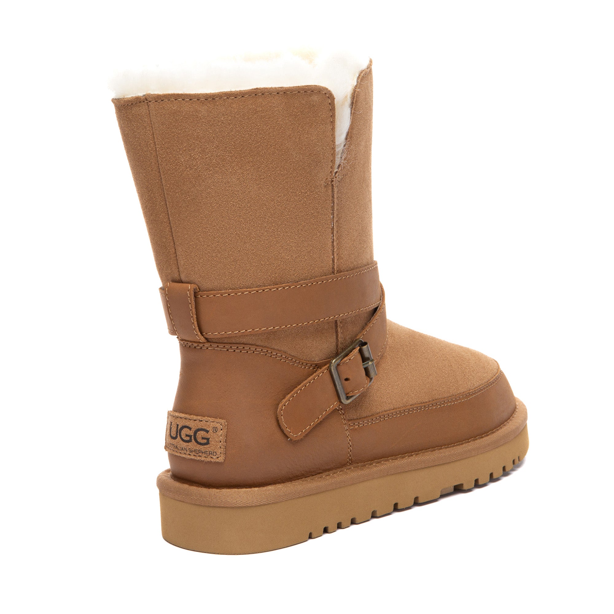 EverUgg Buckle Strap Classic Short UGG Boots showing tan suede exterior with buckle strap detail and flat sole.