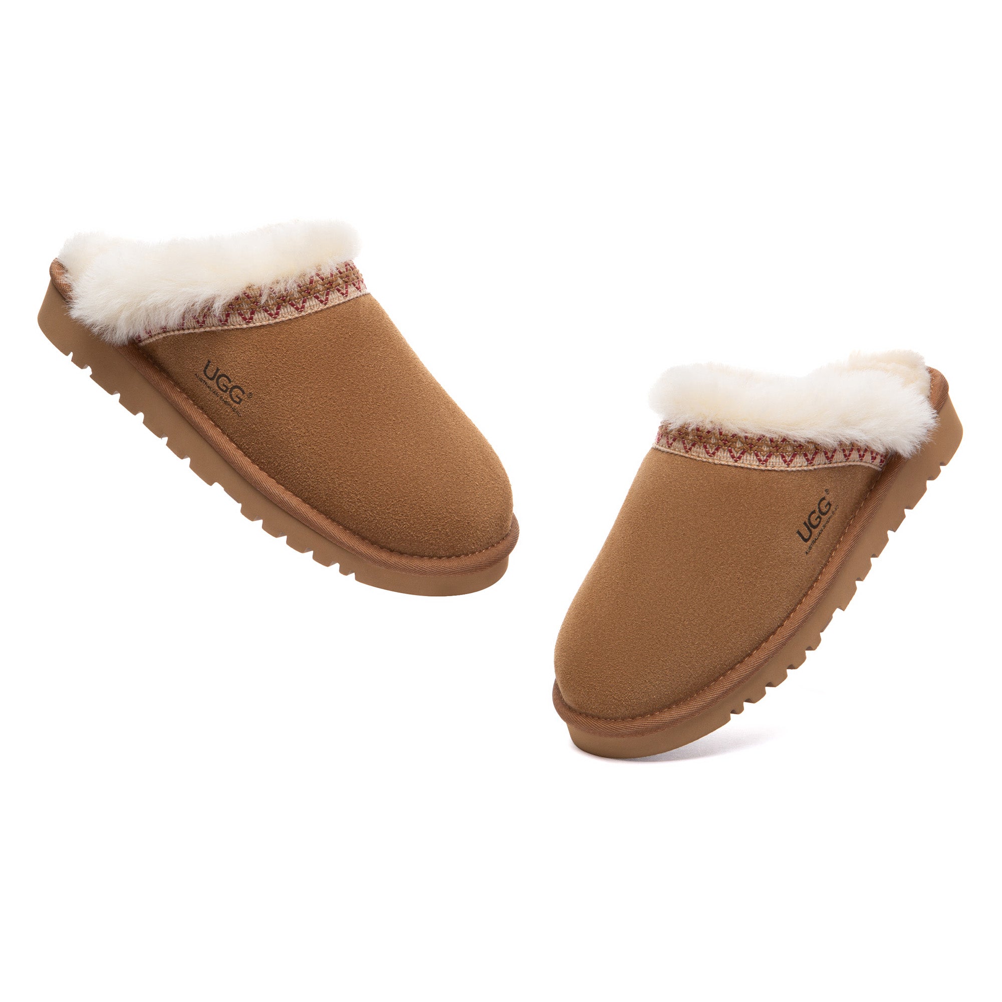 EverUgg Bohemian UGG slippers with a cozy scuff design, featuring soft fabric and classic slip-on style for comfortable indoor wear.