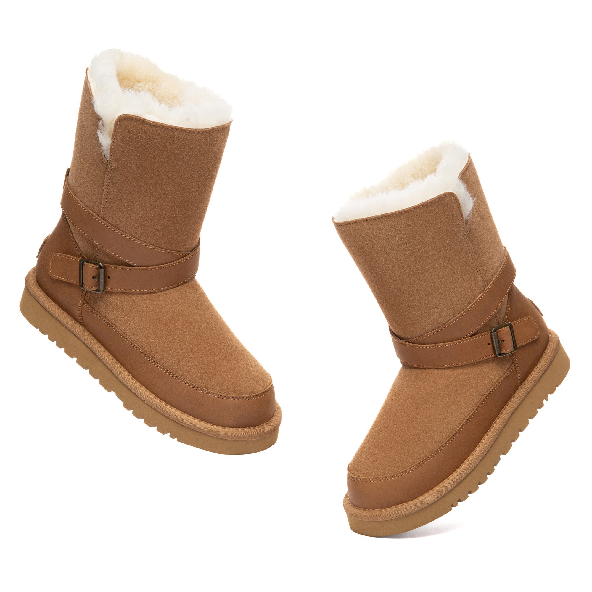 EverUgg Buckle Strap Classic Short UGG Boots featuring a buckle strap detail and soft suede exterior.
