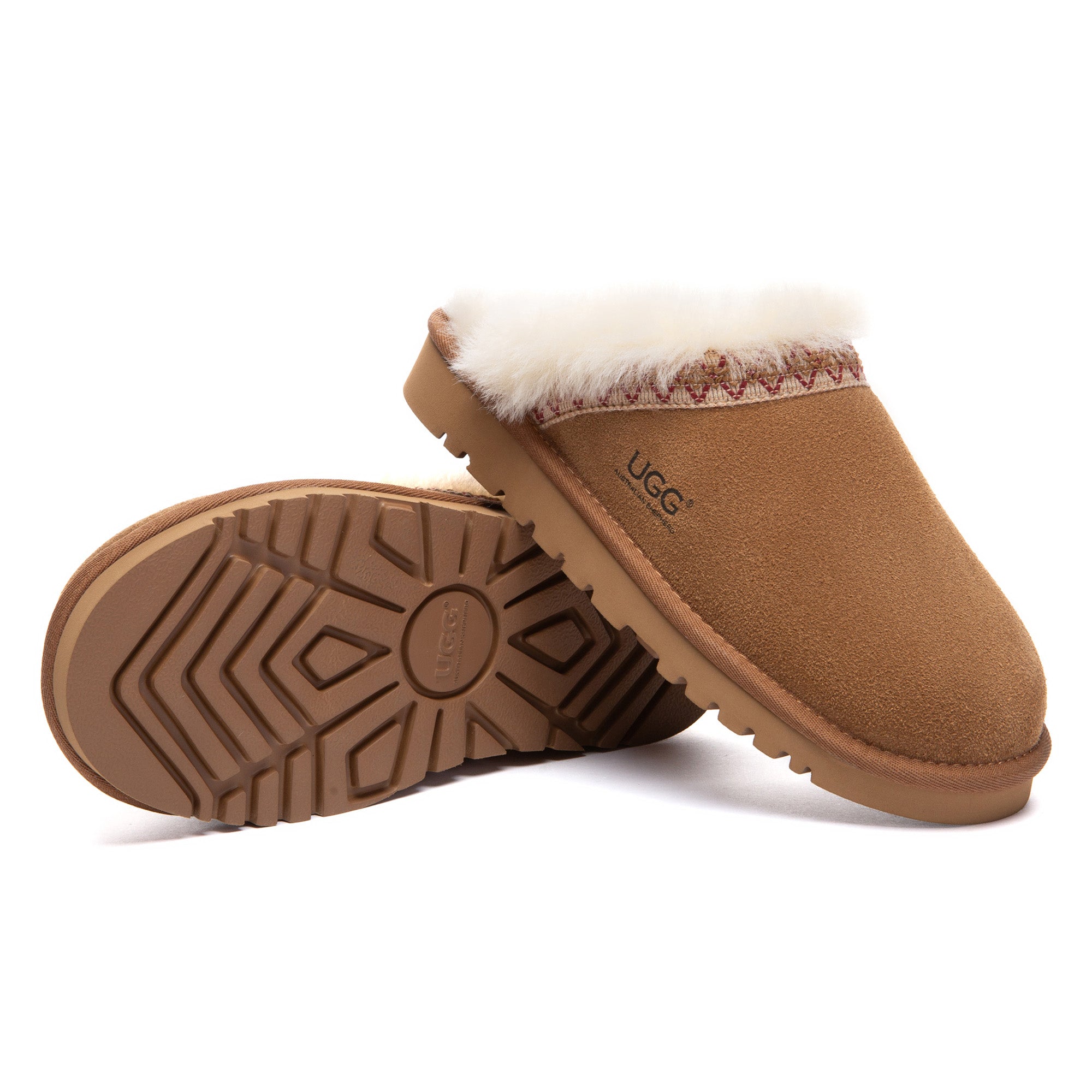 EverUgg Bohemian UGG slippers scuff with soft fur lining and woven bohemian design, perfect for cozy indoor wear.