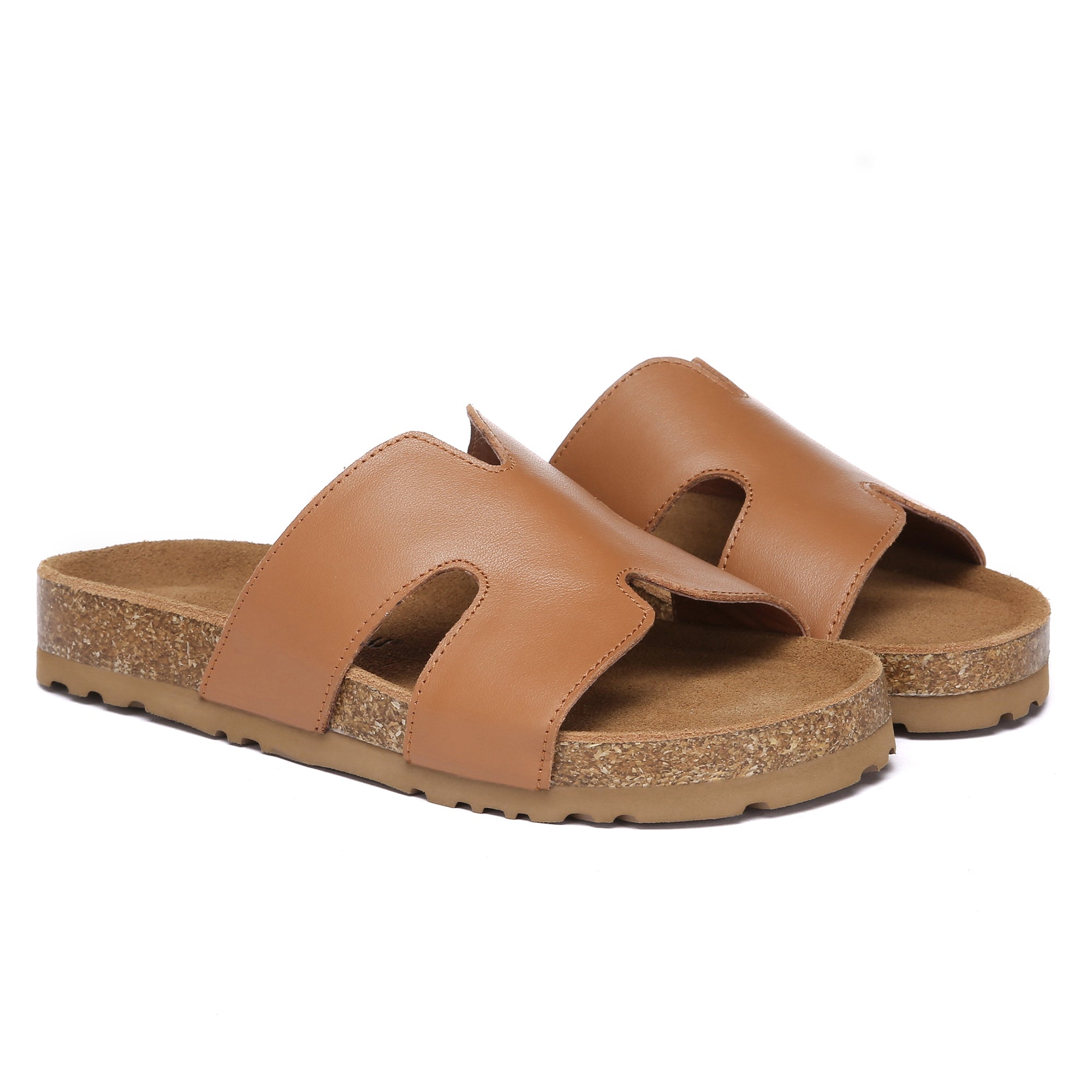 Women cork style leather slides by EverUgg featuring a natural cork footbed and tan leather straps for casual summer wear.