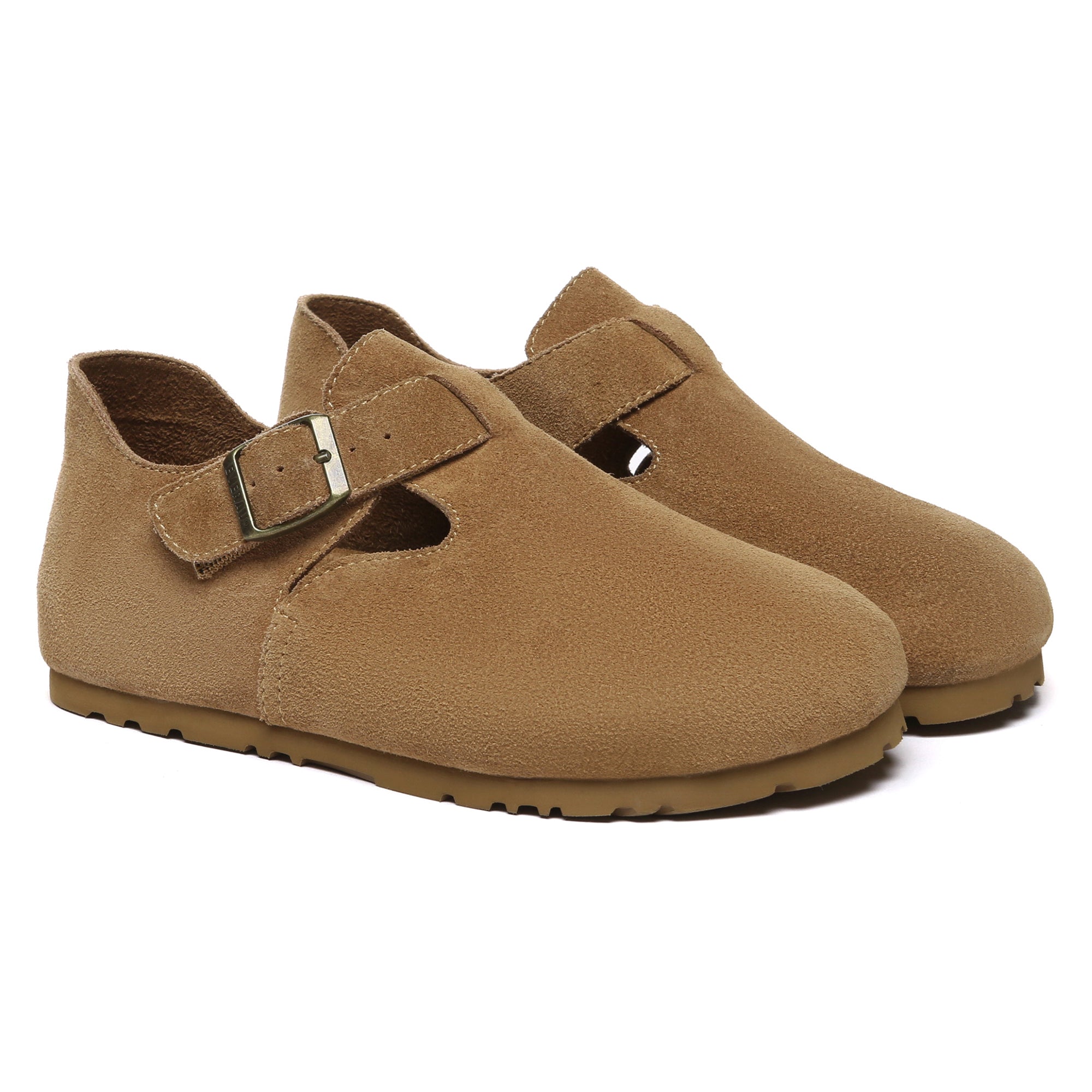 EverUgg adjustable buckle clog slippers with soft leather upper and cushioned sole, designed for comfort and easy fit.