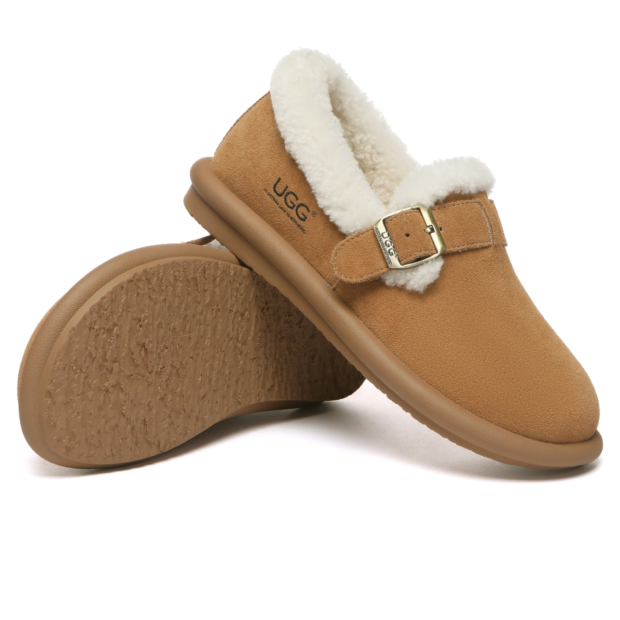 EverUgg adjustable buckle UGG ankle slippers for women, soft slip-on shoes with cushioned soles and stylish design.