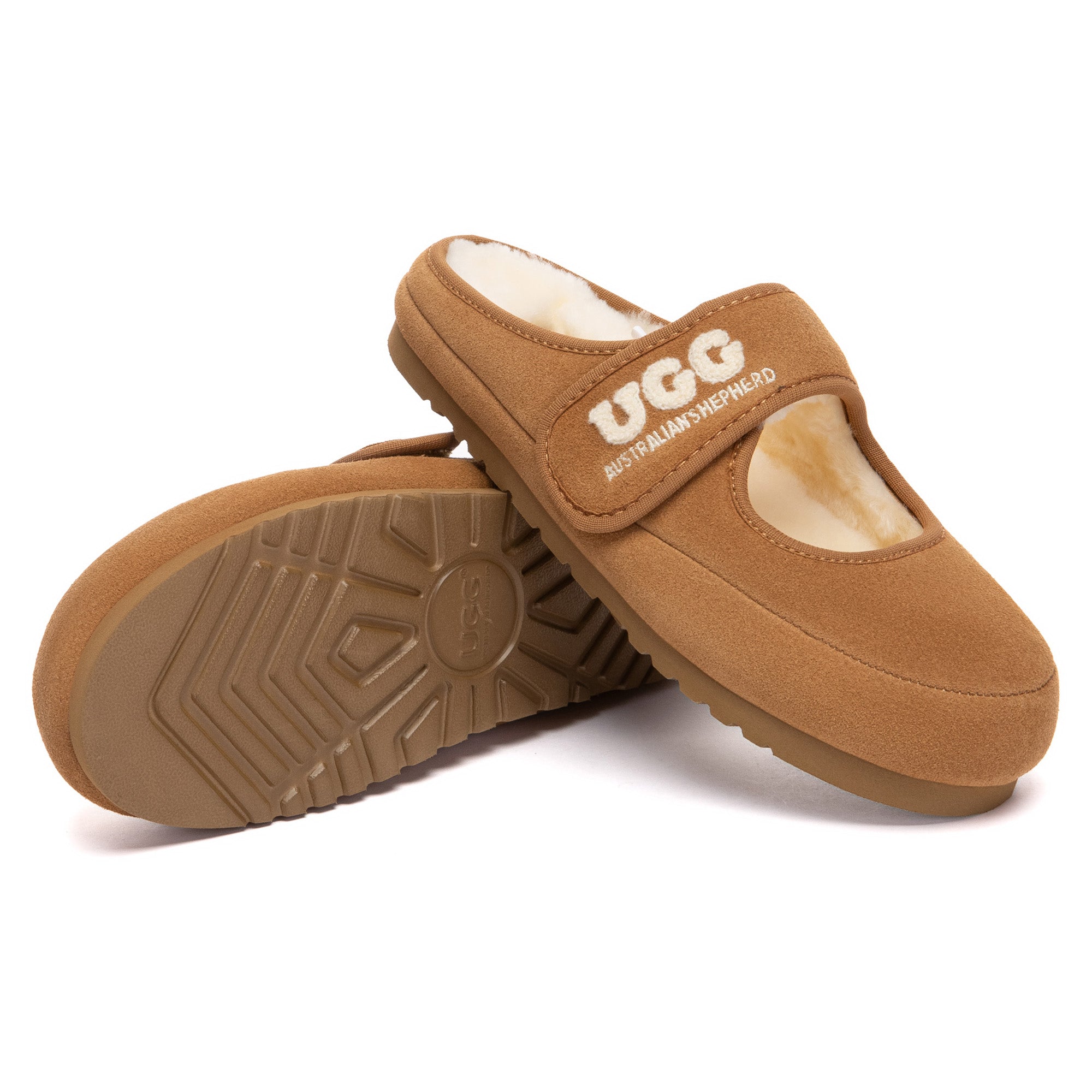EverUgg adjustable strap Mary Jane slippers with cushioned soles and classic UGG styling, perfect for indoor comfort.