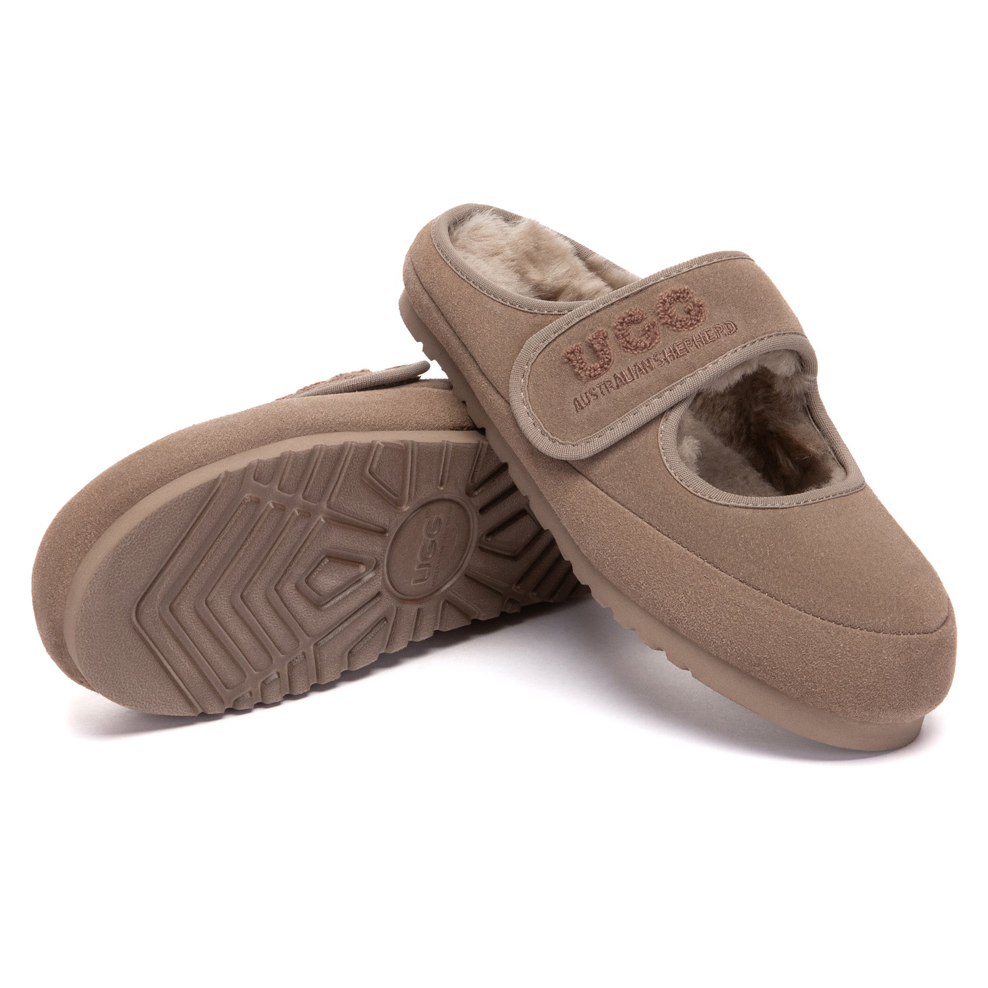 EverUgg adjustable strap Mary Jane slippers with cozy UGG lining and stylish design, shown in a close-up view.