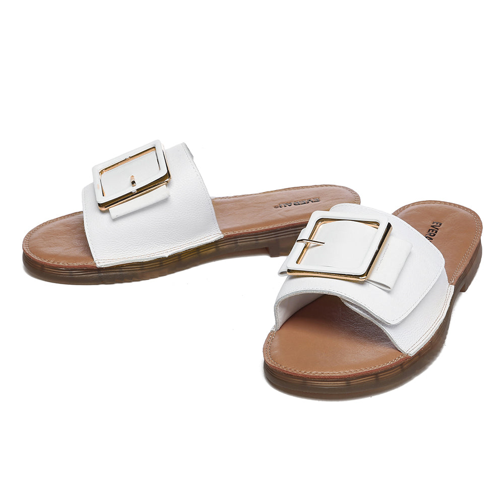 White Anni Ultra Soft Flat Slides by EverUgg, showcasing comfortable flat sandals with a sleek design and soft material.