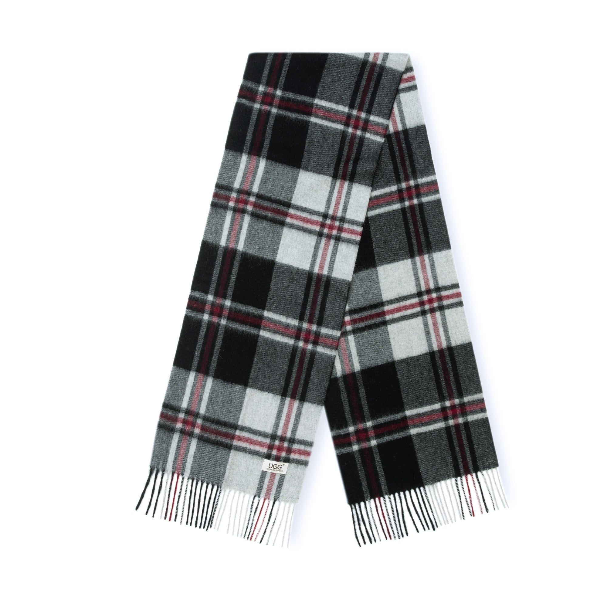 Australian Merino Wool check scarf in black and grey with a soft, woven pattern, designed for warmth and style.