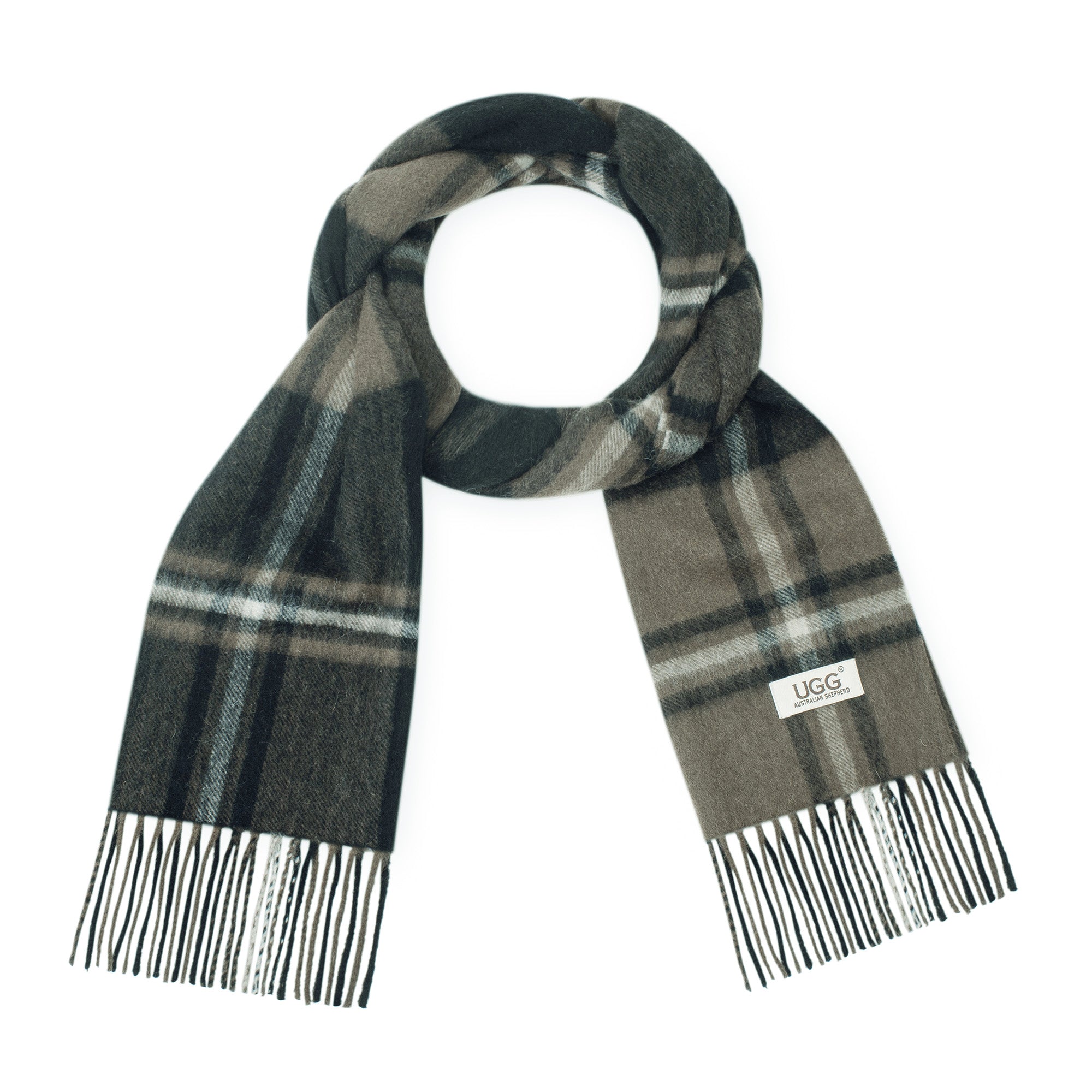 Black Australian Merino Wool Check Scarf by EverUgg, featuring soft, warm fabric with a classic check pattern and fringed edges.