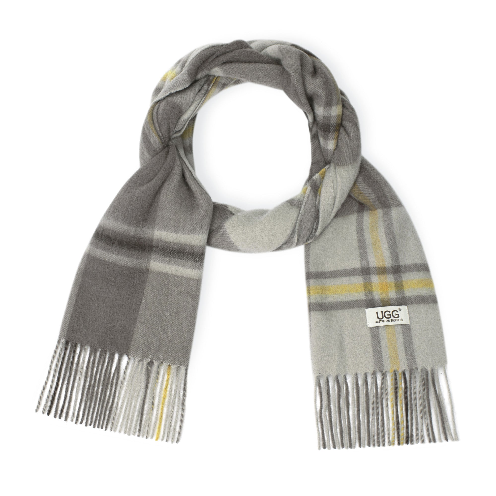 Australian Merino Wool check scarf by EverUgg in khaki with a classic plaid pattern, displayed flat.