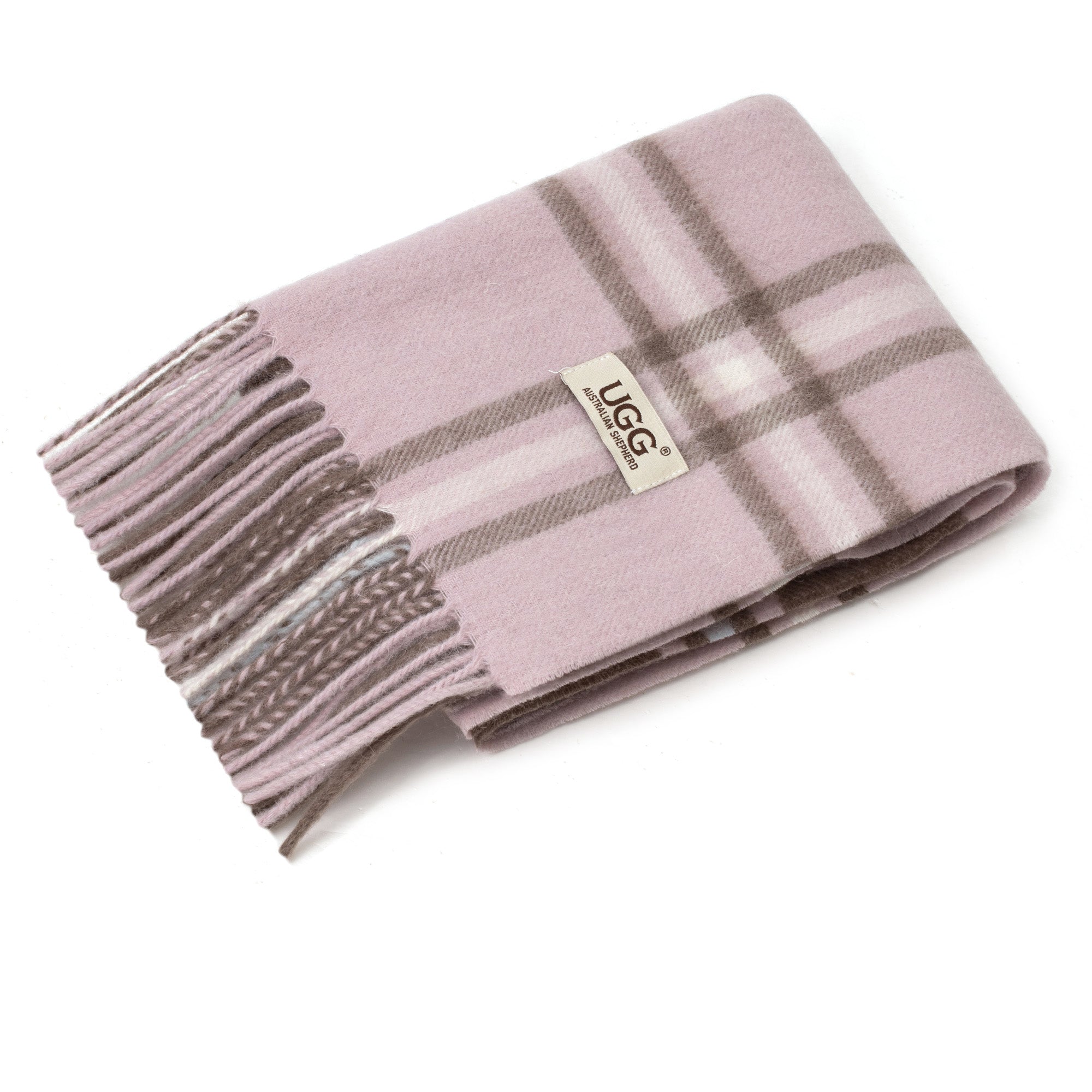 Light pink Australian Merino wool check scarf by EverUgg, featuring soft, warm fabric with a classic plaid pattern.