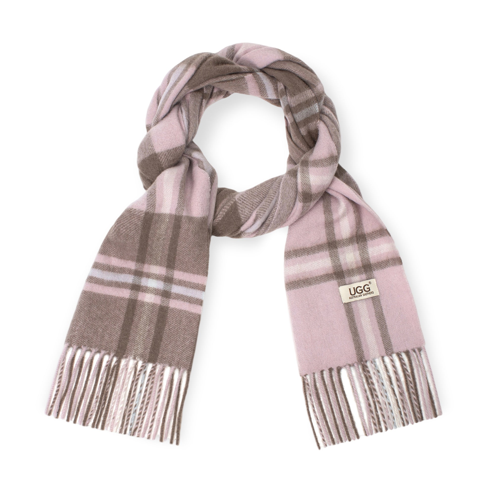 Light pink Australian Merino Wool check scarf by EverUgg, featuring soft, warm wool and classic plaid pattern.
