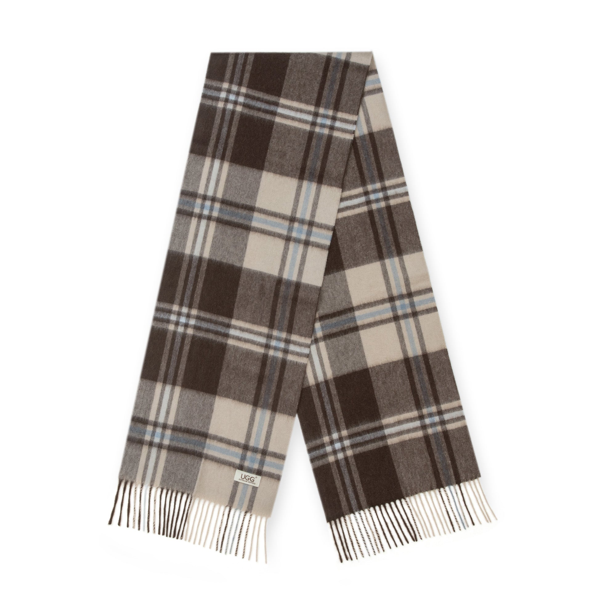 Beige and grey Australian Merino wool check scarf from EverUgg, soft and cozy with a stylish plaid pattern.