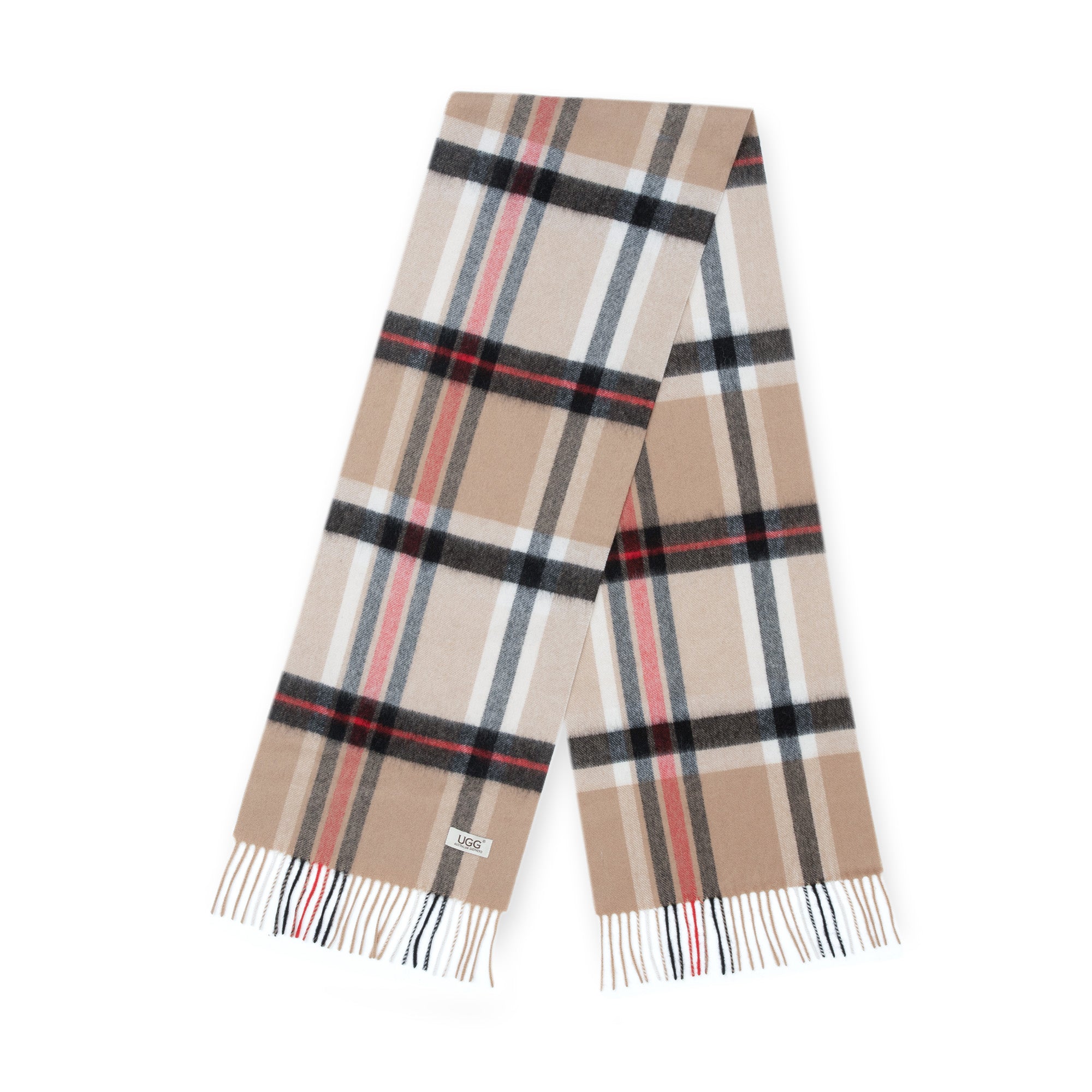 Australian Merino Wool Check Scarf by EverUgg in camel color, showcasing a cozy, patterned wool scarf.