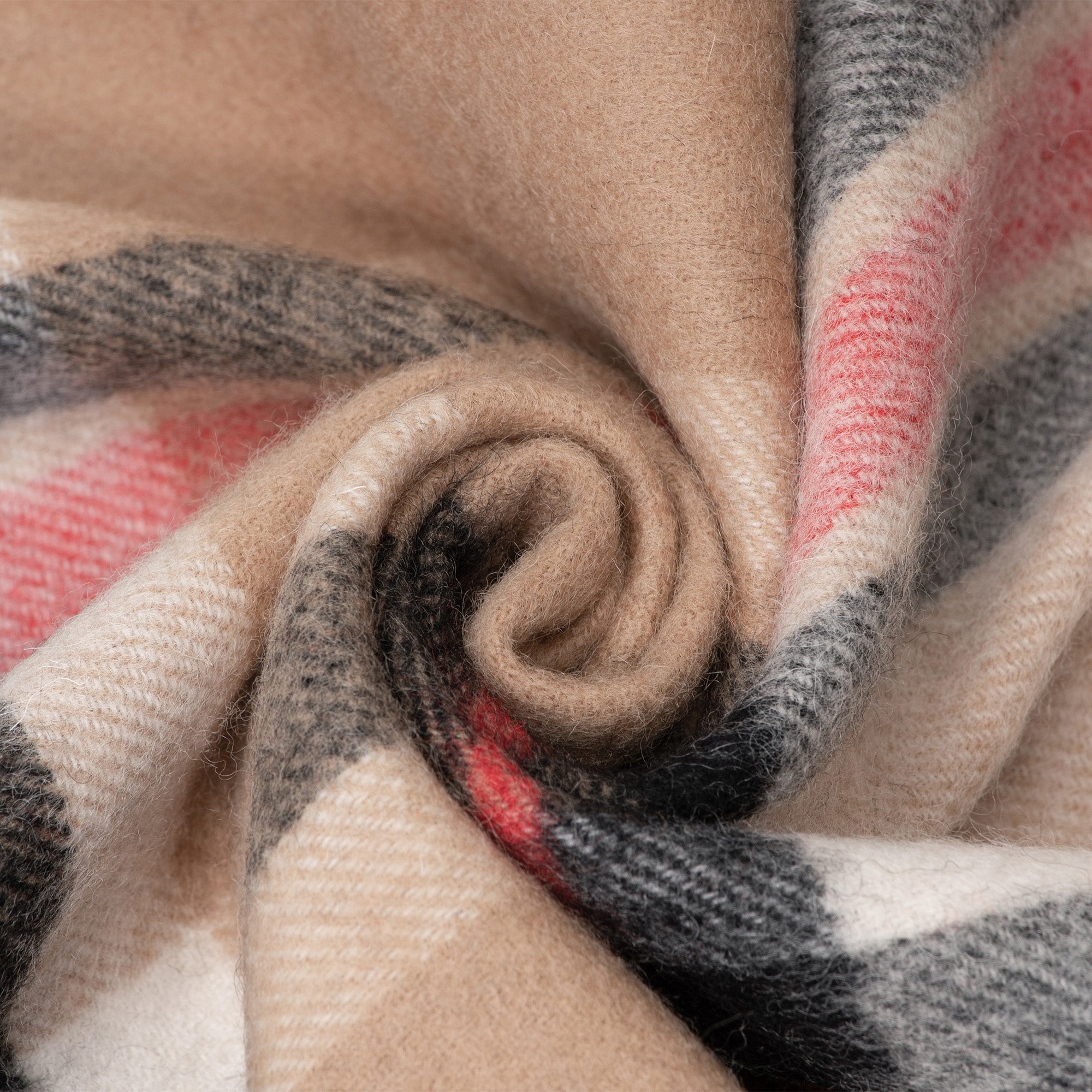 Australian Merino Wool check scarf by EverUgg, featuring a camel-colored pattern and soft, warm knit fabric.
