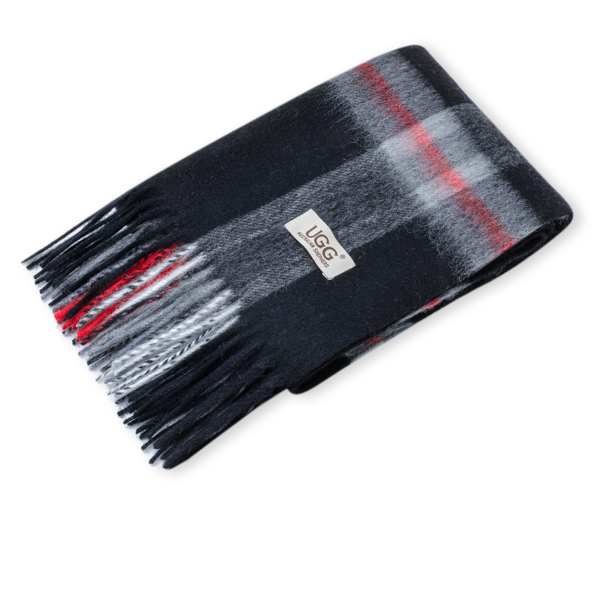 Black Australian Merino Wool Check Scarf by EverUgg, showcasing soft, warm wool fabric with a classic check pattern.