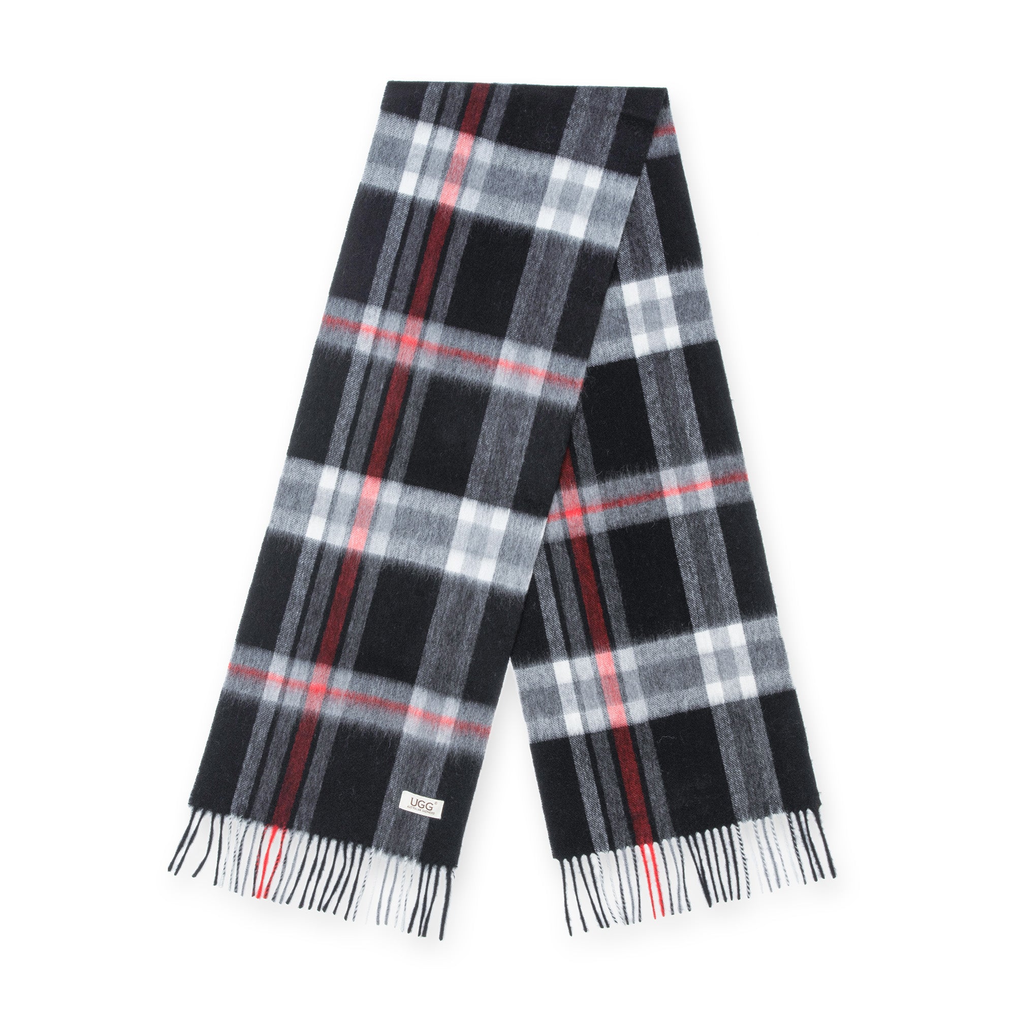 Black Australian Merino Wool Check Scarf from EverUgg, showcasing soft wool fabric with a classic check pattern.