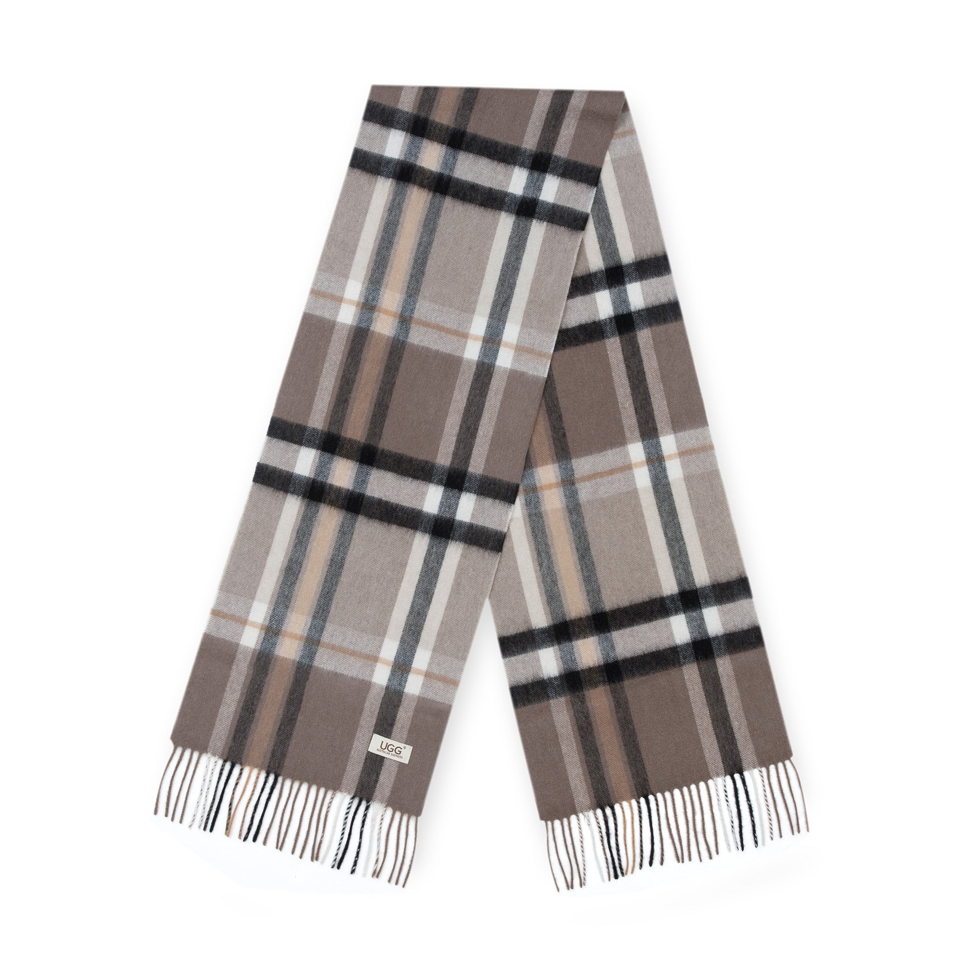 Caramel brown Australian Merino wool check scarf by EverUgg, showcasing soft, woven fabric and classic plaid pattern.