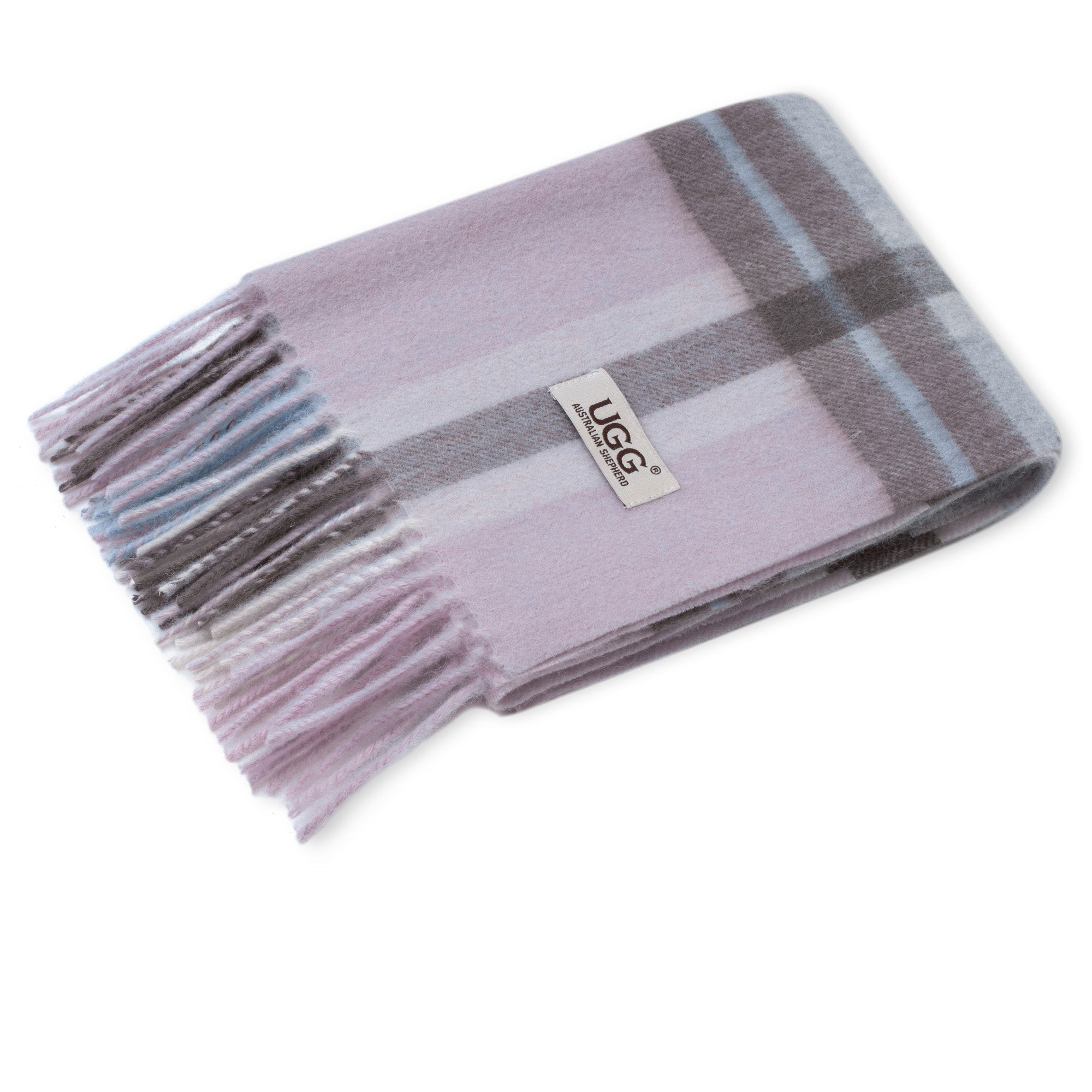 Australian Merino wool check scarf by EverUgg in grey and pink, showcasing soft, warm wool fabric and stylish check pattern.