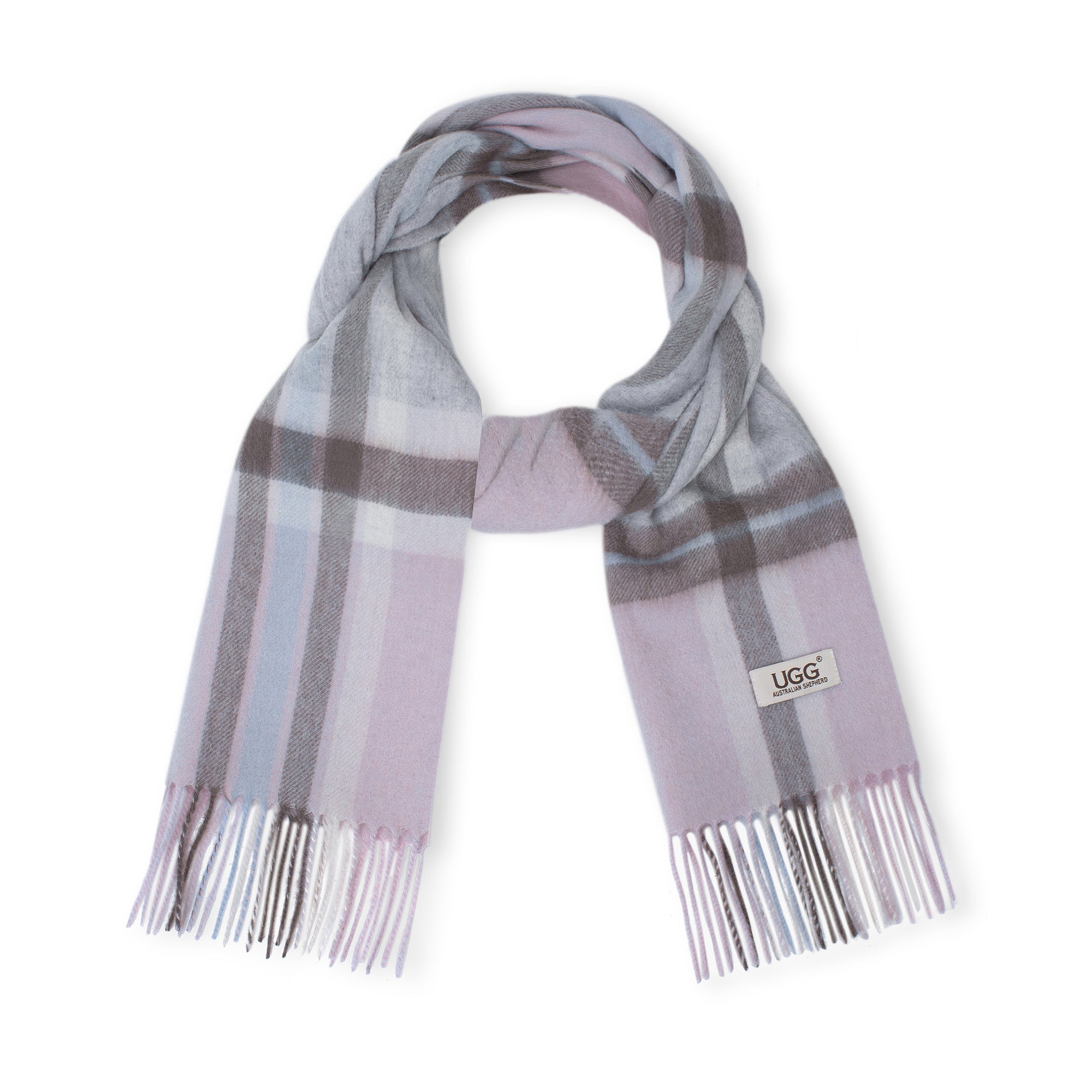 Australian Merino Wool check scarf by EverUgg in grey and pink, featuring a soft, warm wool fabric with a classic checked pattern.