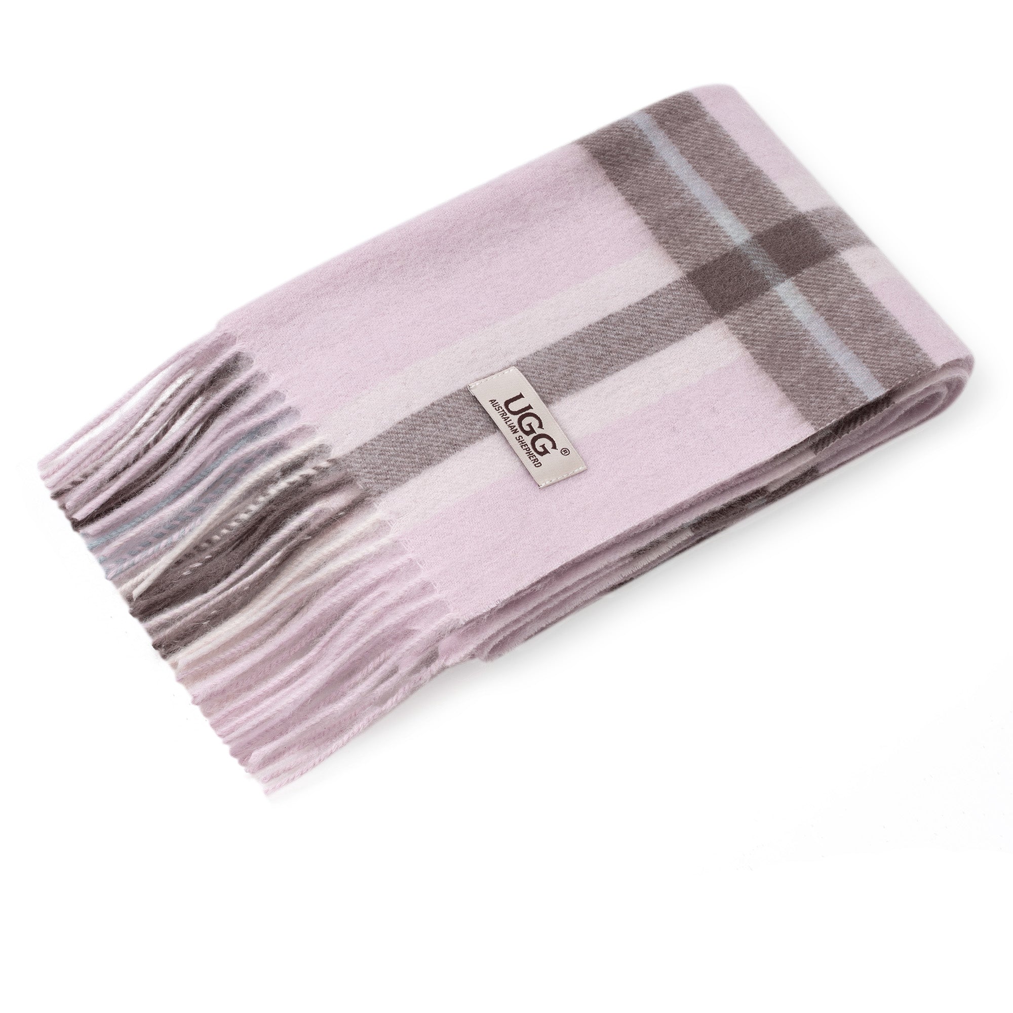 Light pink Australian Merino wool check scarf by EverUgg, showcasing soft fabric and classic plaid pattern.
