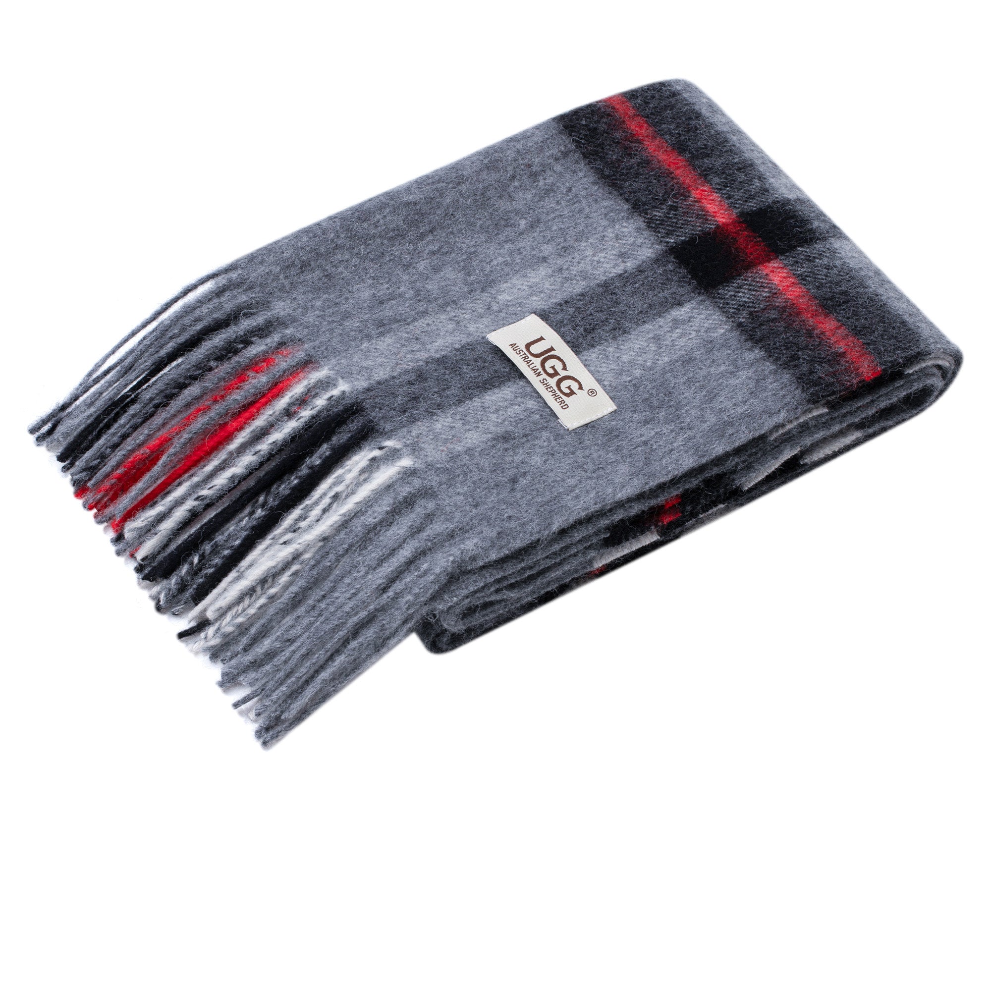 Grey Australian Merino Wool Check Scarf by EverUgg, showcasing a cozy, patterned wool scarf with a classic check design.