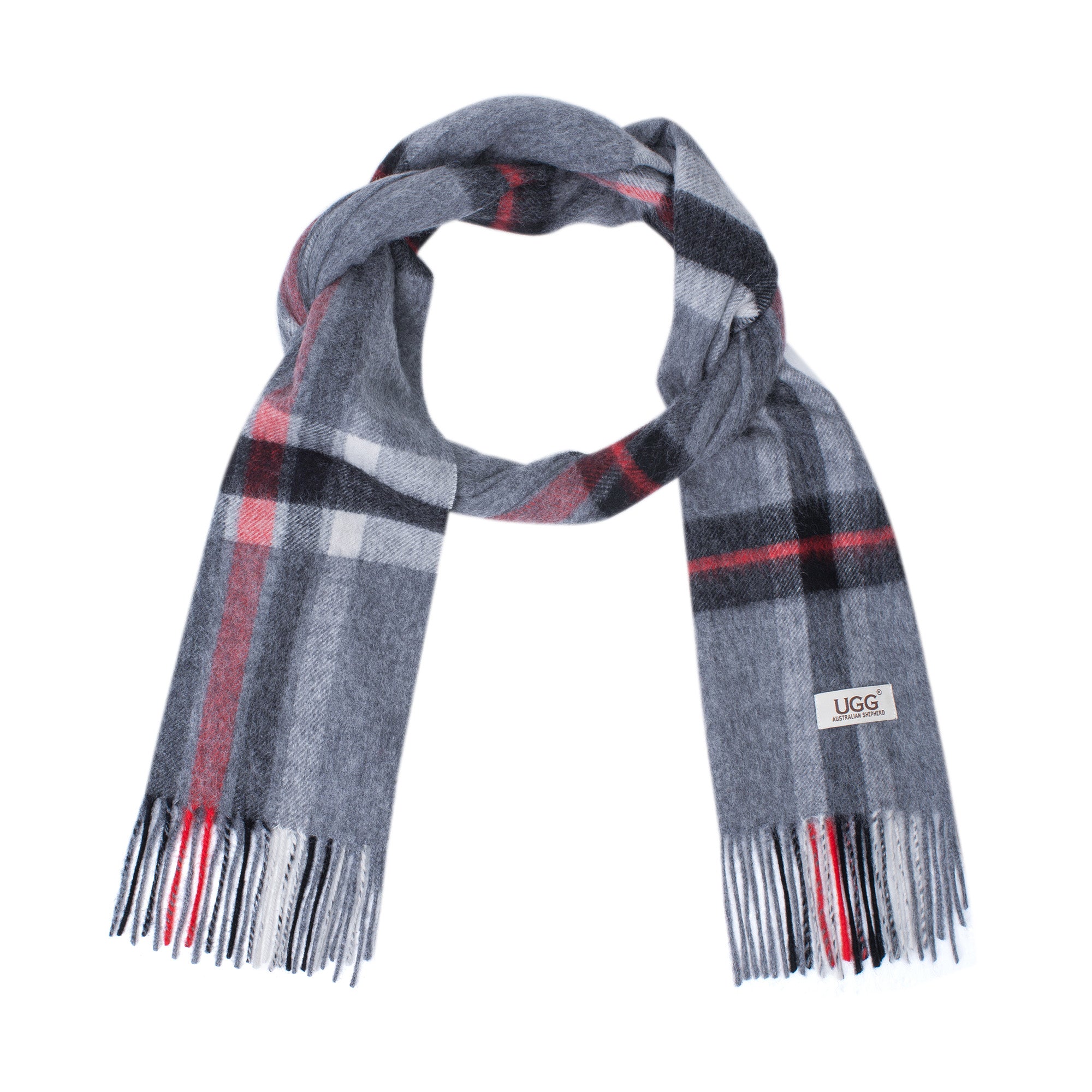 Grey Australian Merino Wool Check Scarf by EverUgg, showcasing soft, woven wool with a classic check pattern.