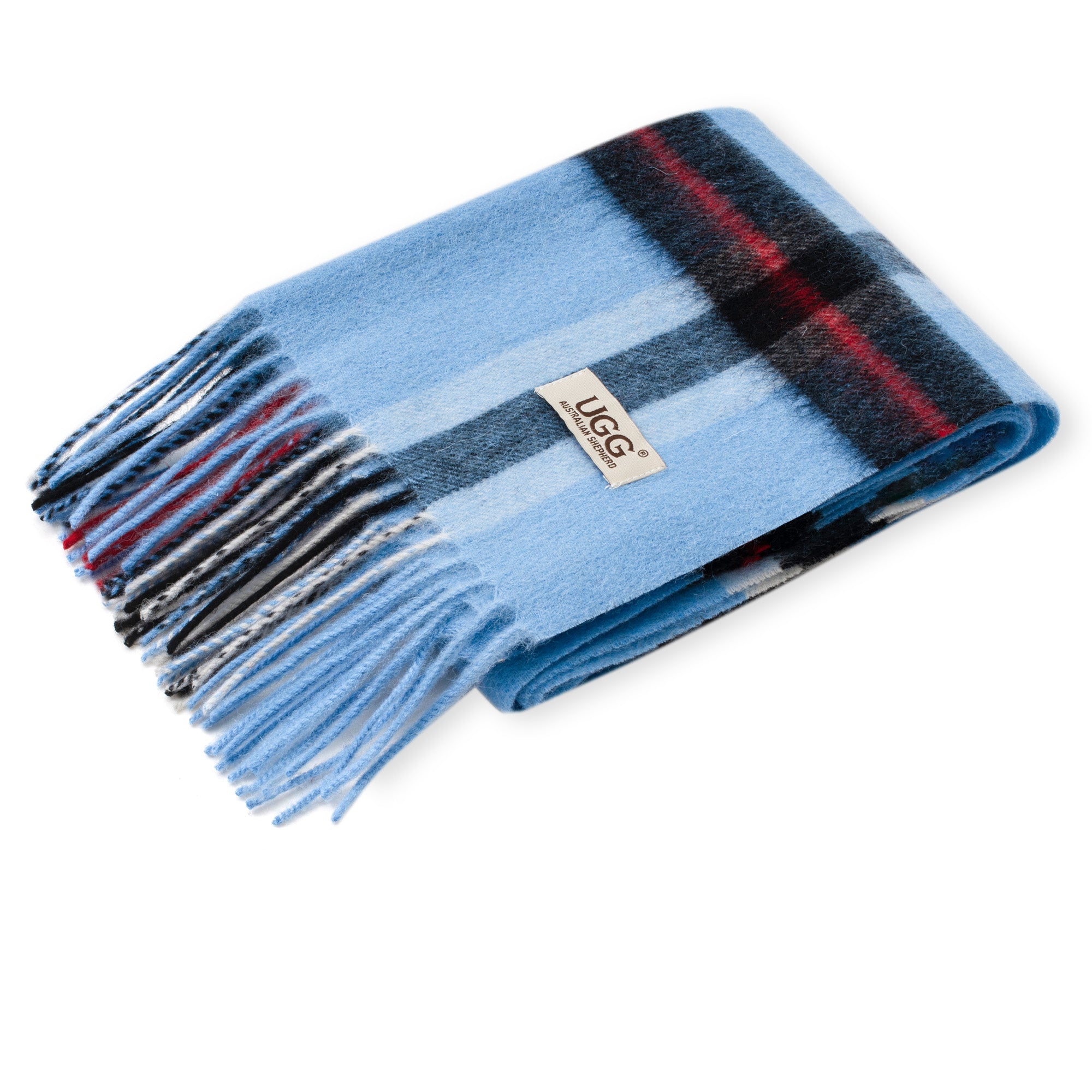 Light blue Australian Merino Wool check scarf by EverUgg, showcasing soft fabric and classic pattern.