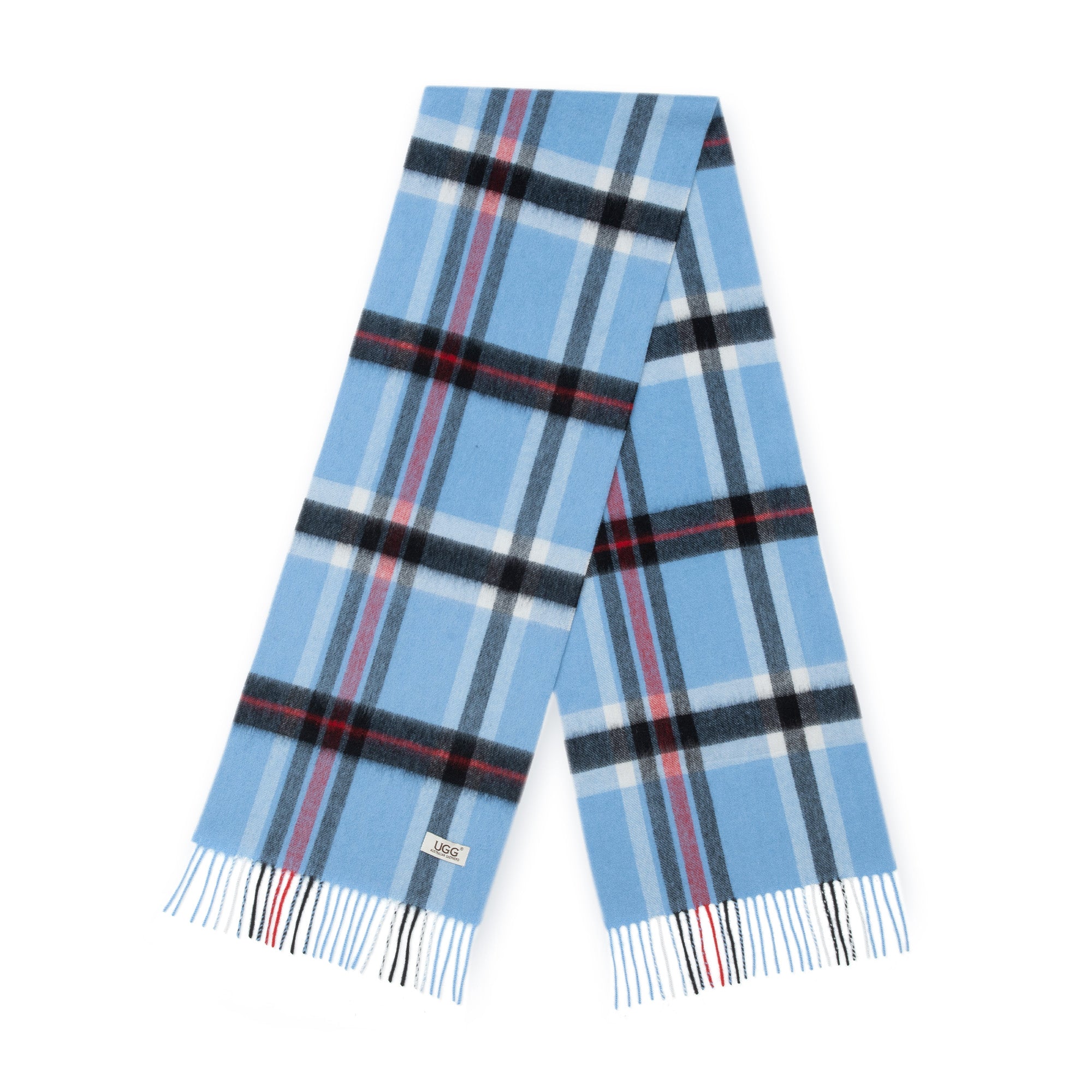 Light blue Australian Merino Wool Check Scarf by EverUgg, showing soft, warm wool fabric with a classic check pattern.