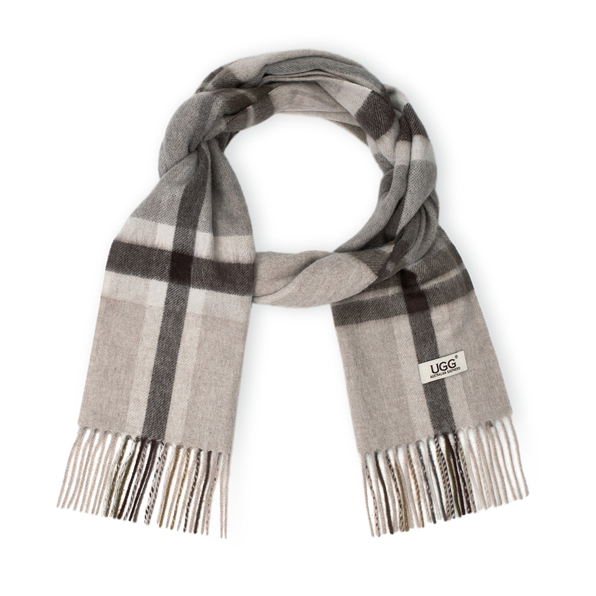 Beige Australian Merino Wool Check Scarf by EverUgg, made of soft, warm wool with a classic check pattern for stylish warmth.