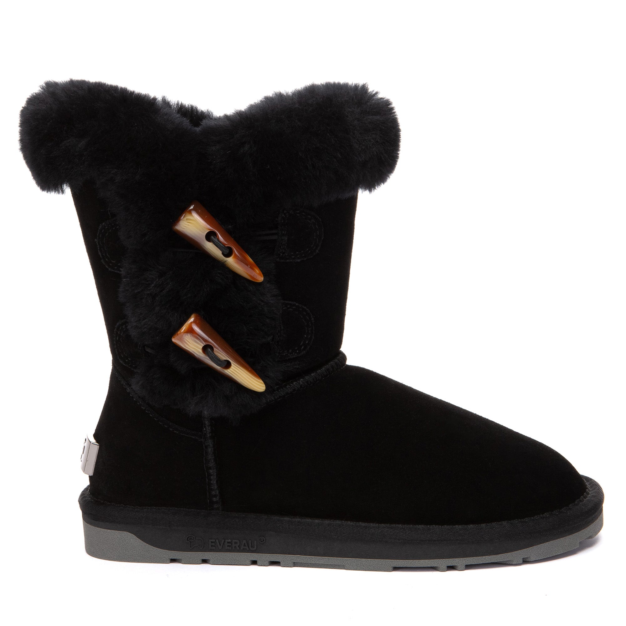 EverUgg Talia Shark 2-Button UGG Boots in taupe, featuring plush sheepskin lining and distinctive shark-button details.