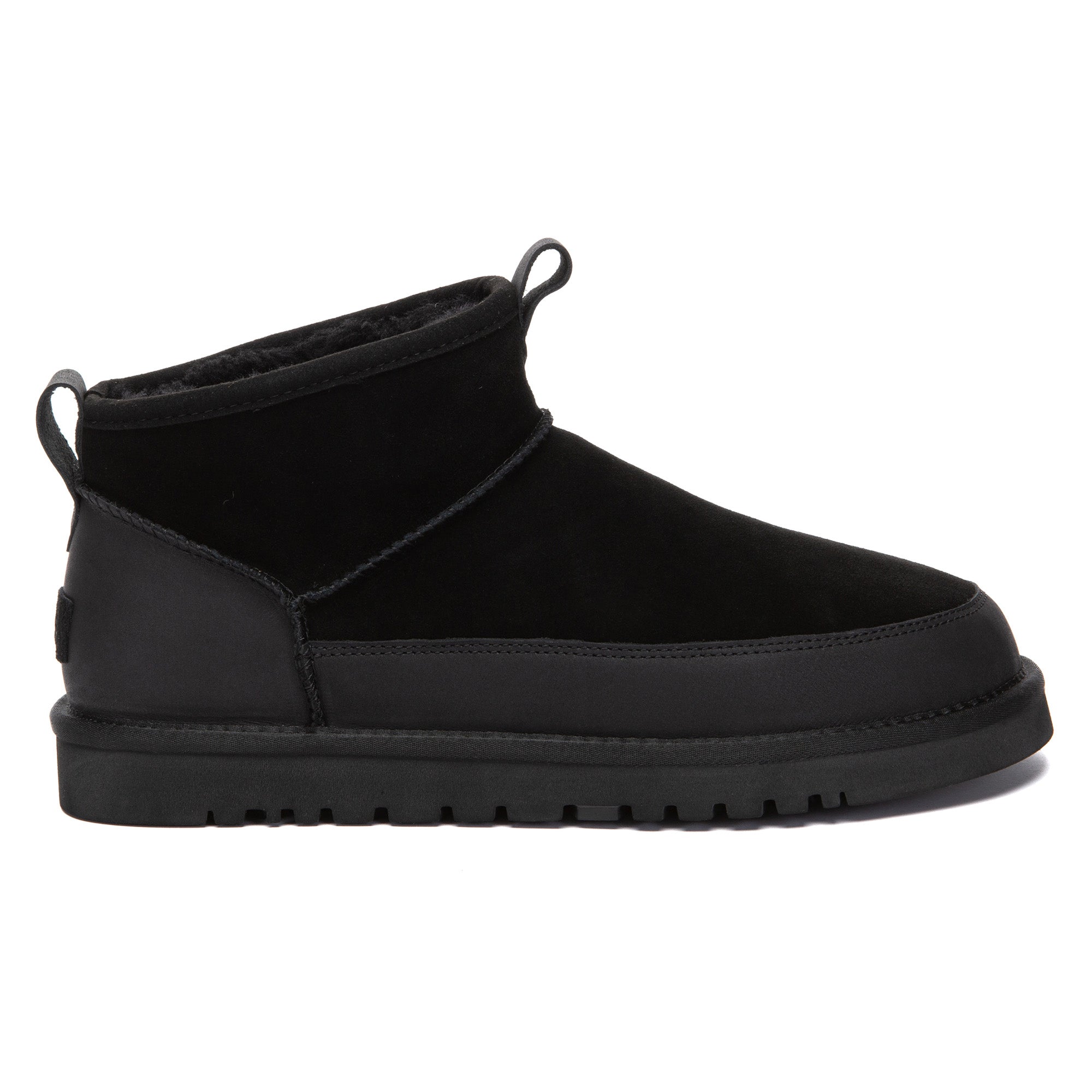 EverUgg Tabs Ultra Mini Ankle UGG Boots in black, featuring a cozy shearling lining and stylish ankle height.
