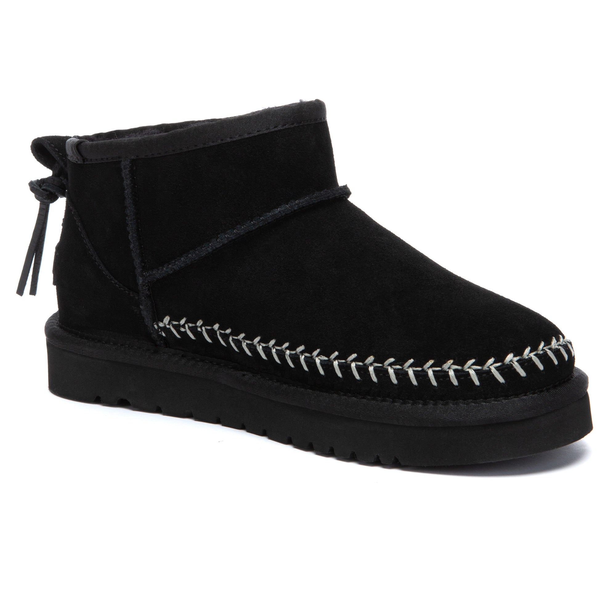 EverUgg Stitch Ultra Mini UGG Boots in beige with plush lining and stitched detailing, shown from the side.