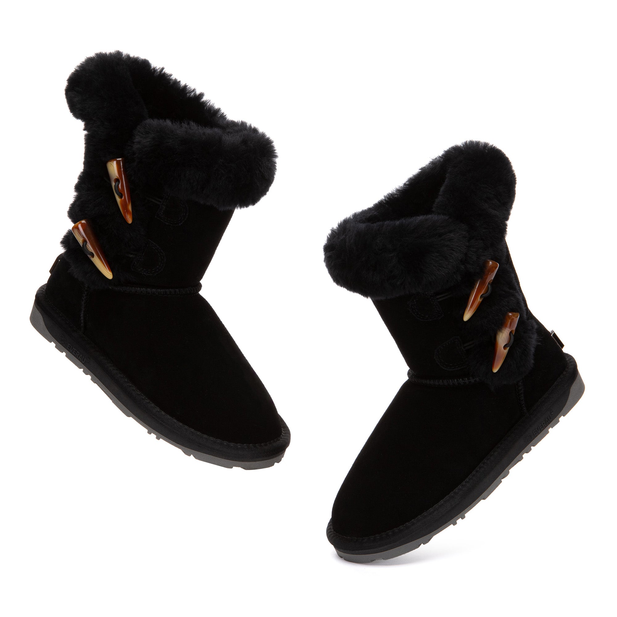 EverUgg Talia Shark 2-Button UGG Boots featuring plush interior and stylish design, shown in a cozy, neutral-tone shot.