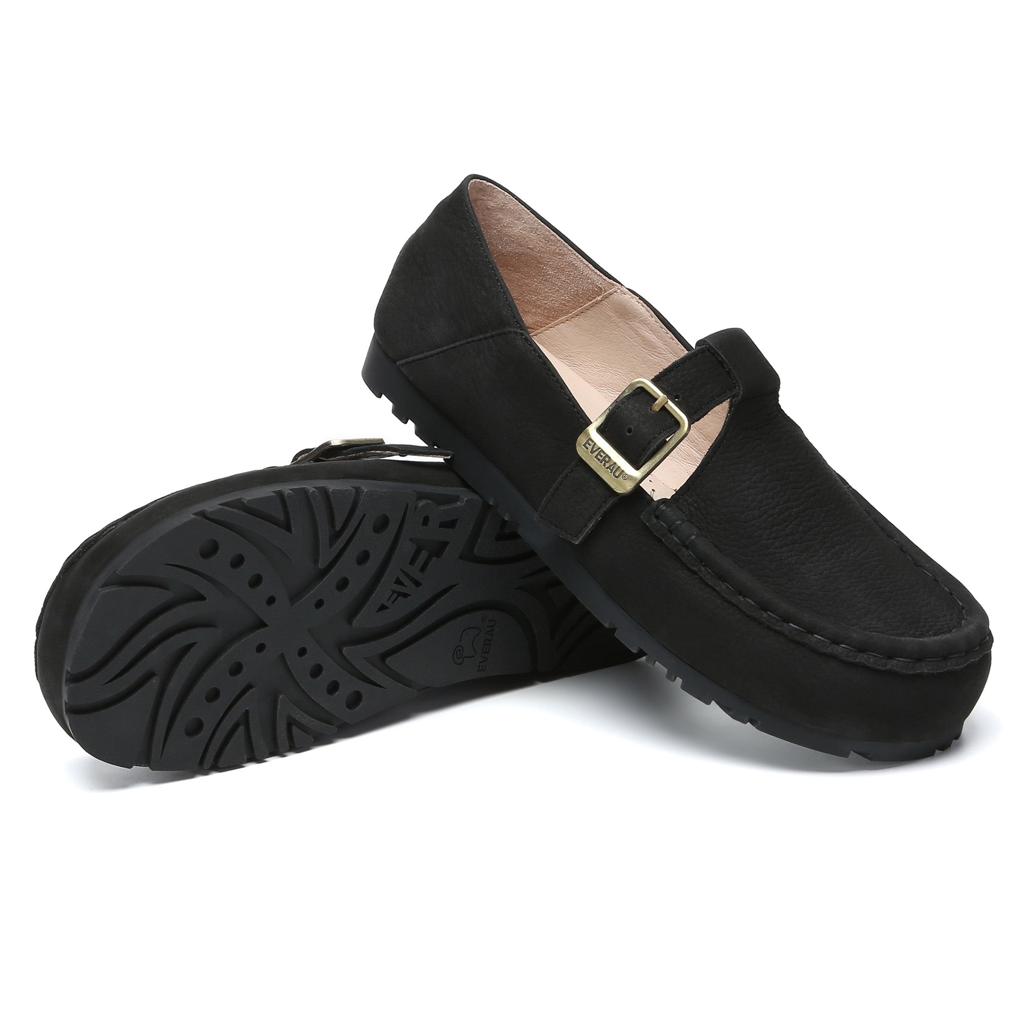 EverUgg Buckle Leather Mary Jane Flats slippers showing a close-up of the brown leather straps and buckle detail.