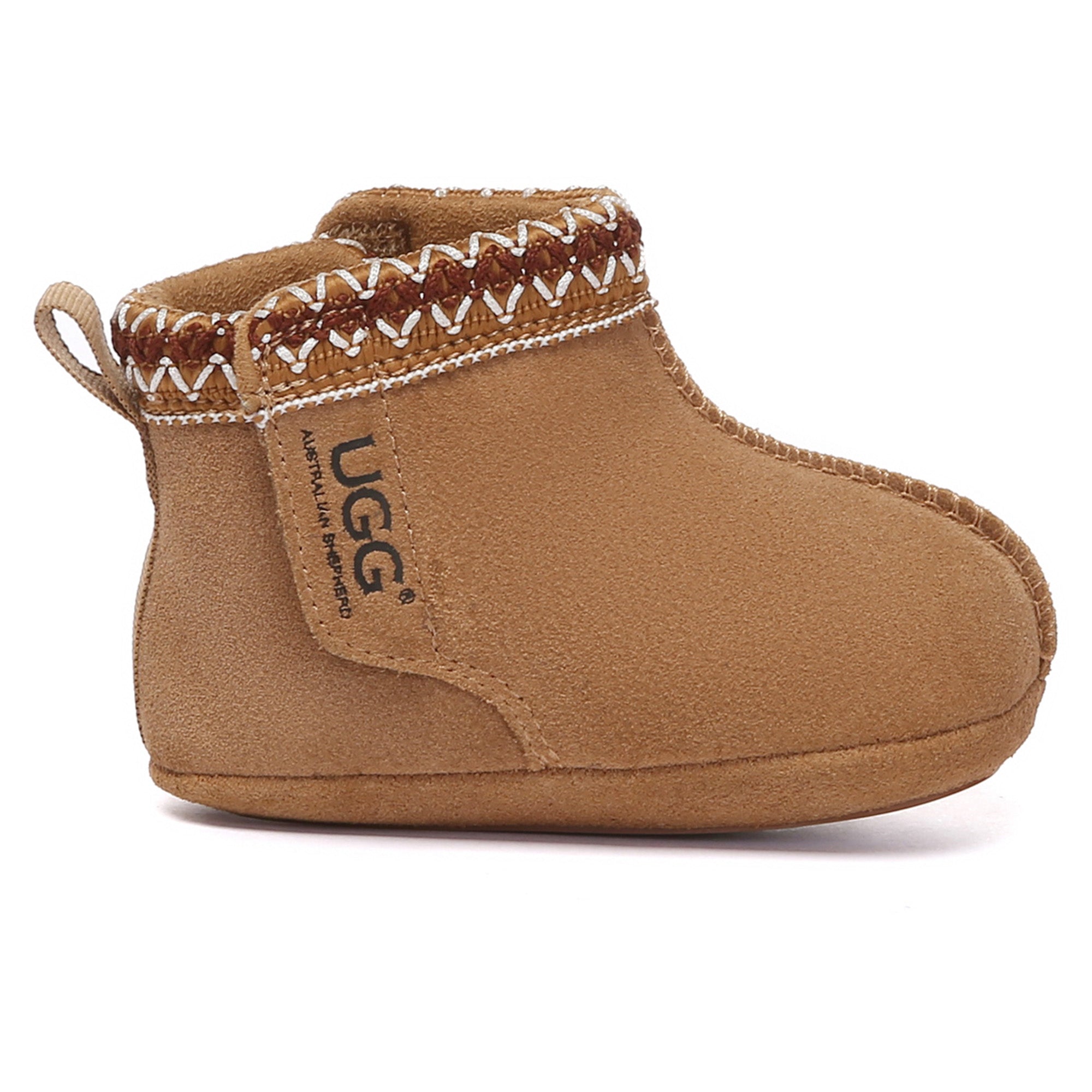 Baby UGG boots from EverUgg in a cozy stitch design, part of a baby gift set, shown in soft brown with plush lining.
