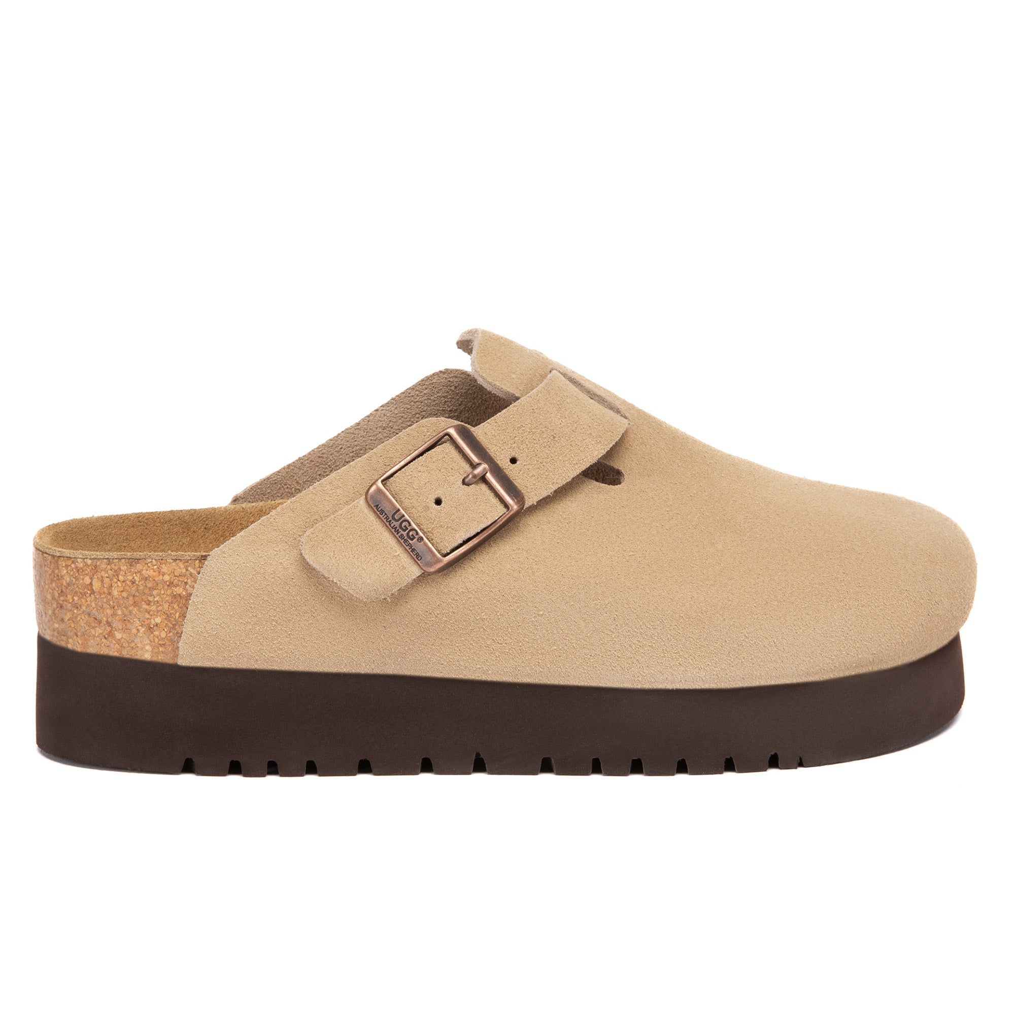 EverUgg Birkie Suede Buckle Platform Clogs slippers with buckle detail and platform sole, shown on a neutral background.