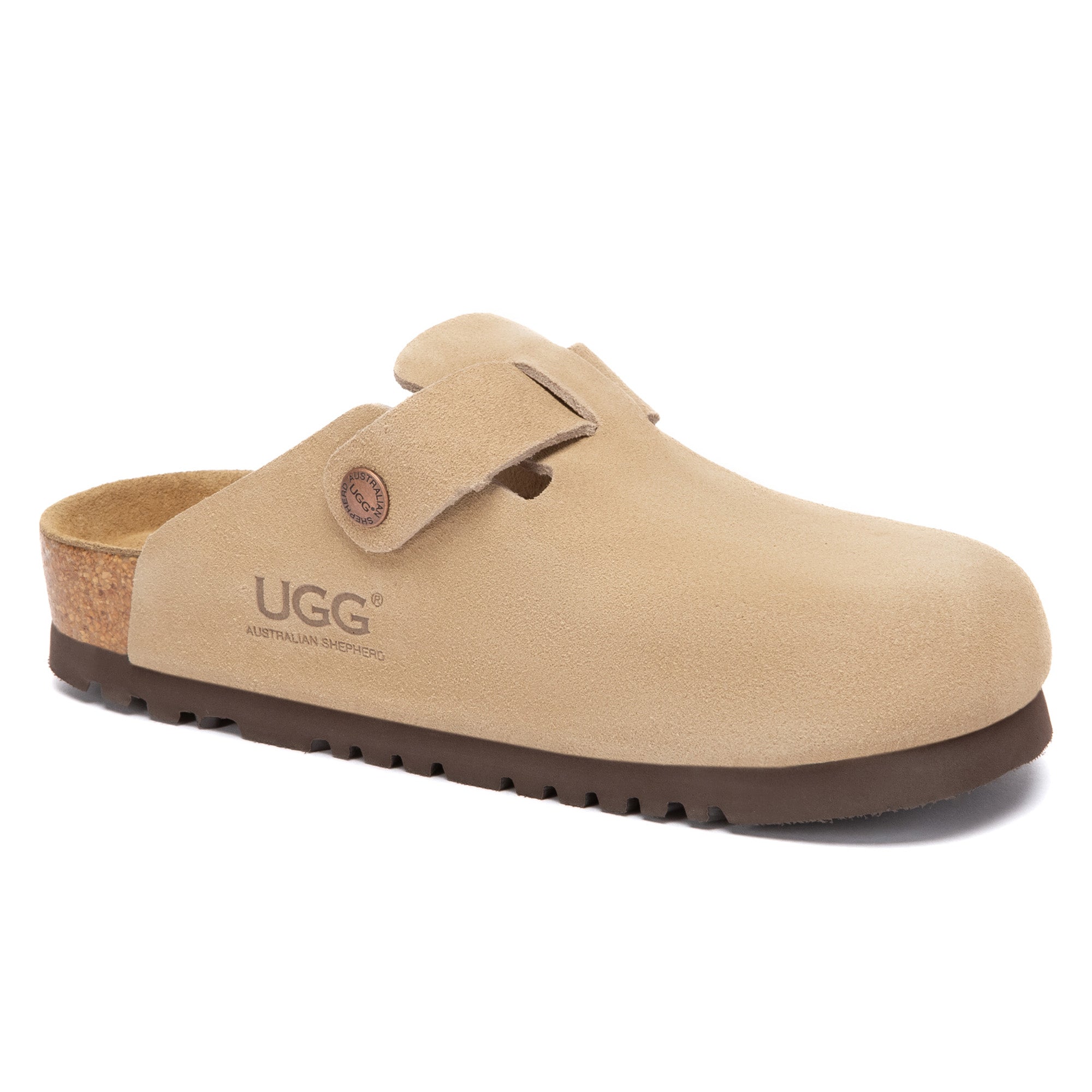 EverUgg Birkie Suede Buckle Clogs slippers with buckle detail and soft suede material, shown on a neutral background.