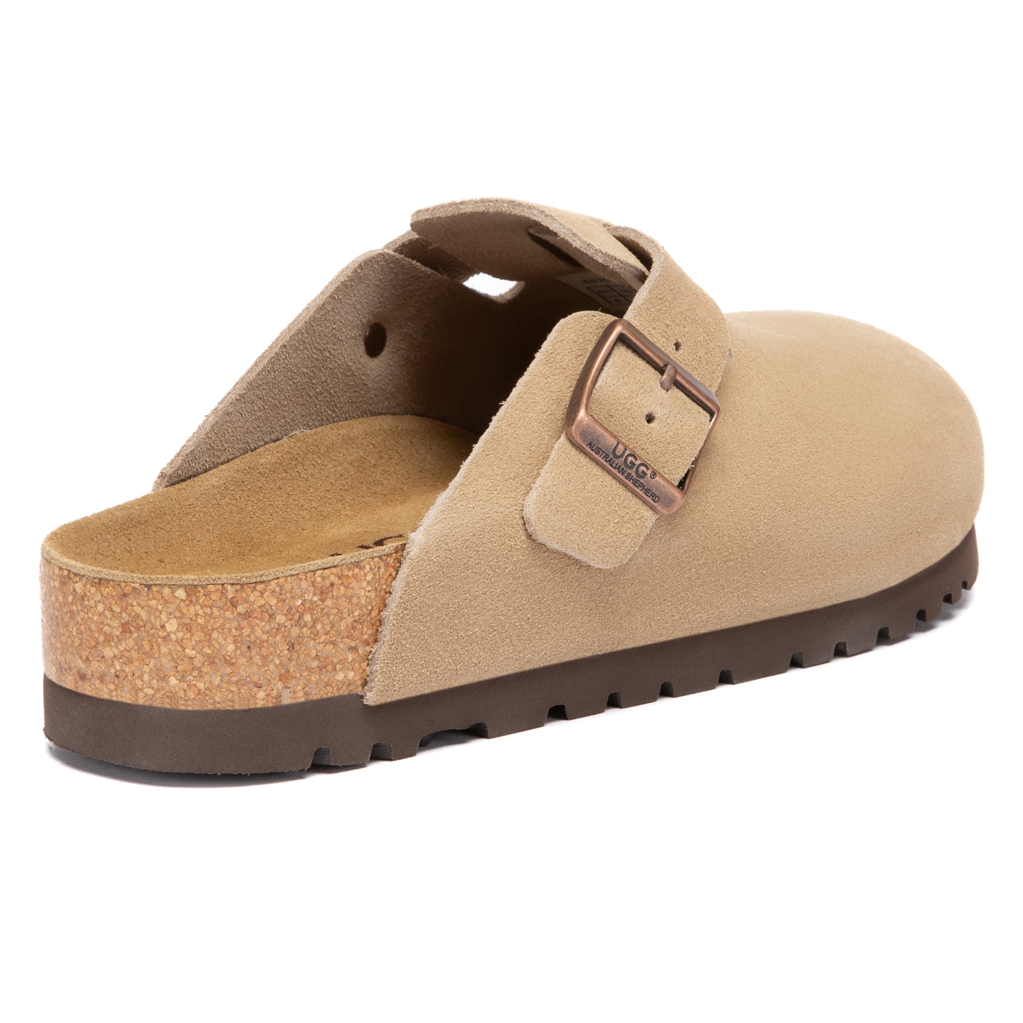 EverUgg Birkie Suede Buckle Clogs slippers with buckle detail and soft suede material, shown in a cozy indoor setting.