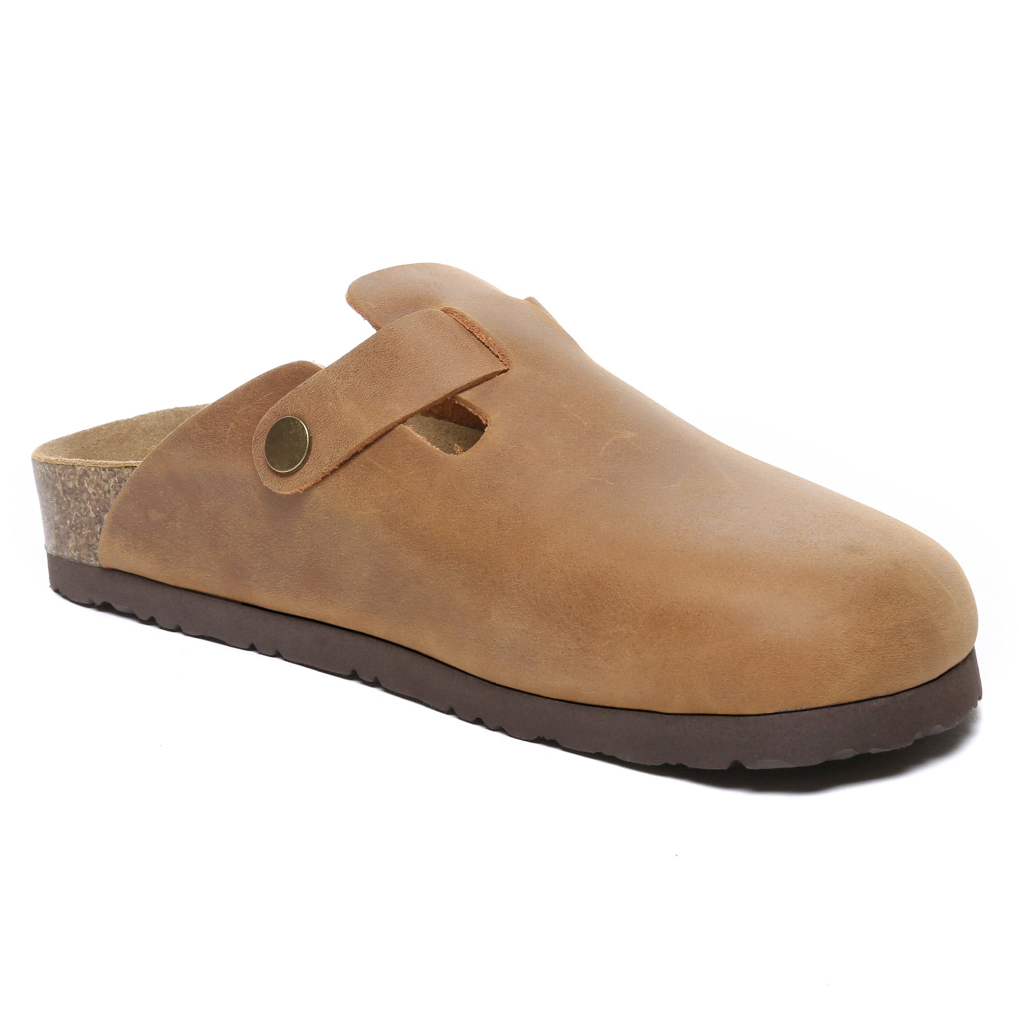 EverUgg Birkie Men Leather Slippers, soft brown slippers with plush lining and open back design, comfortable for indoor wear.
