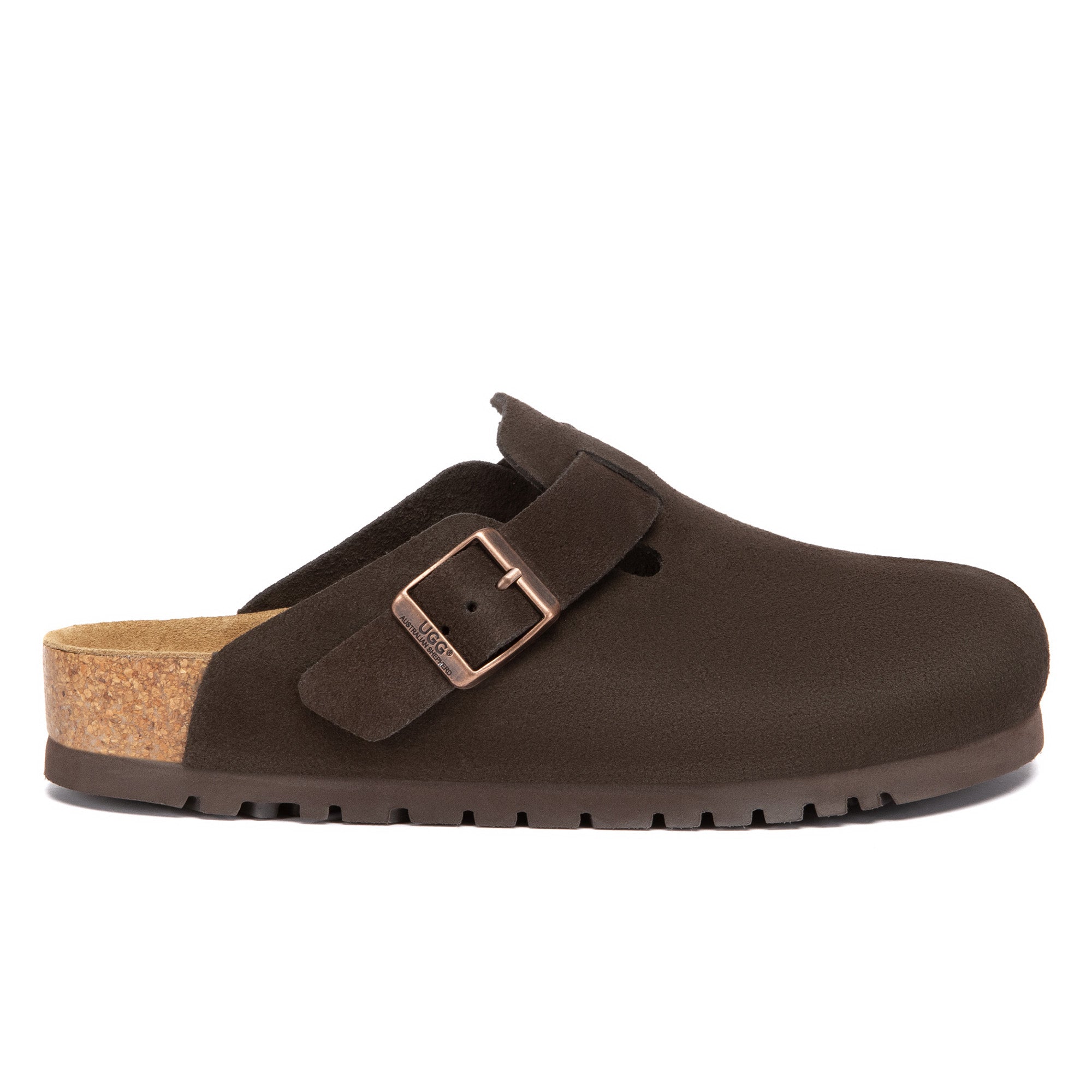 EverUgg Birkie Suede Buckle Clogs slippers with leather buckle detail, showcasing their cozy suede exterior and casual slip-on design.