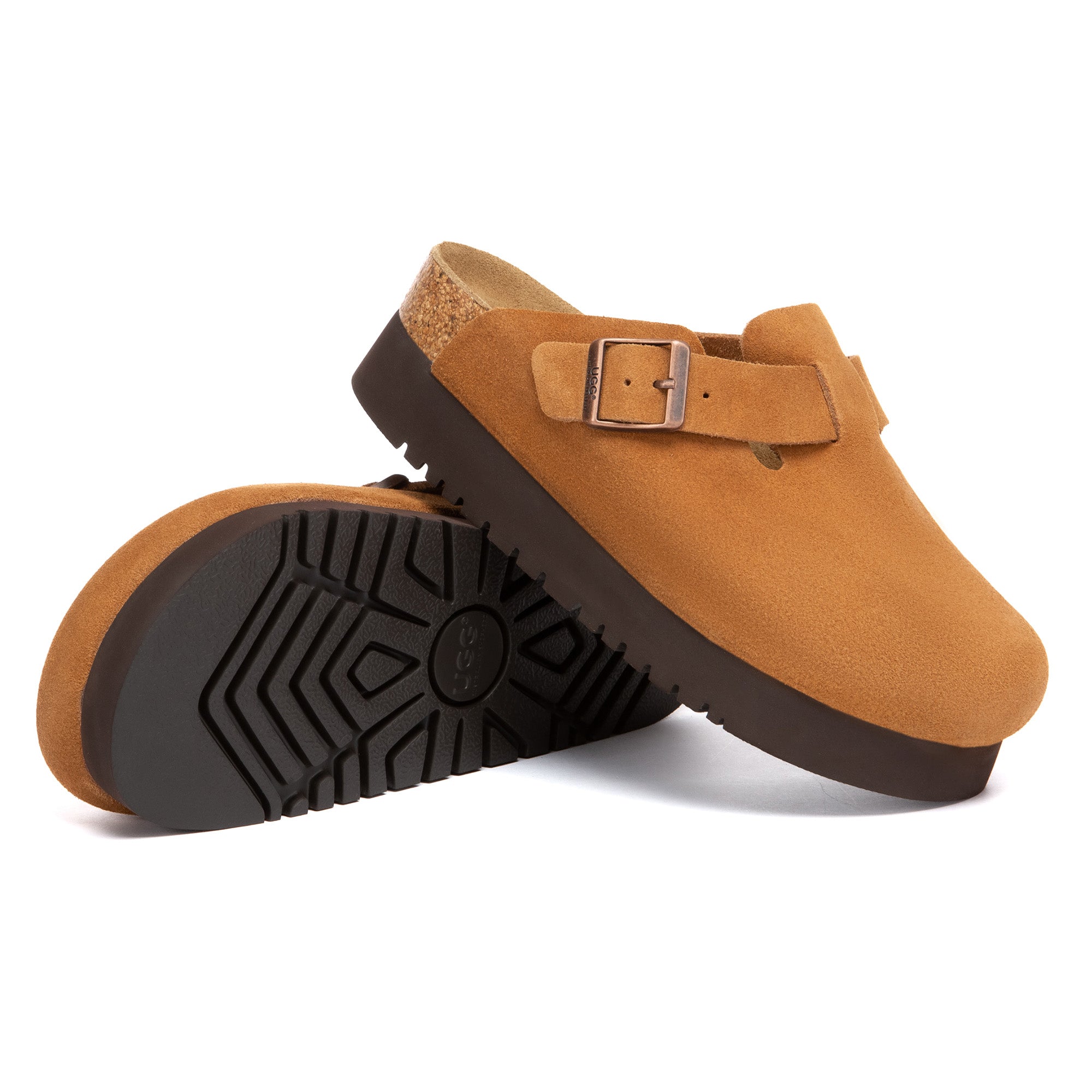 EverUgg Birkie Suede Buckle Platform Clogs slippers with buckle detail and chunky platform sole, showcasing their stylish design.