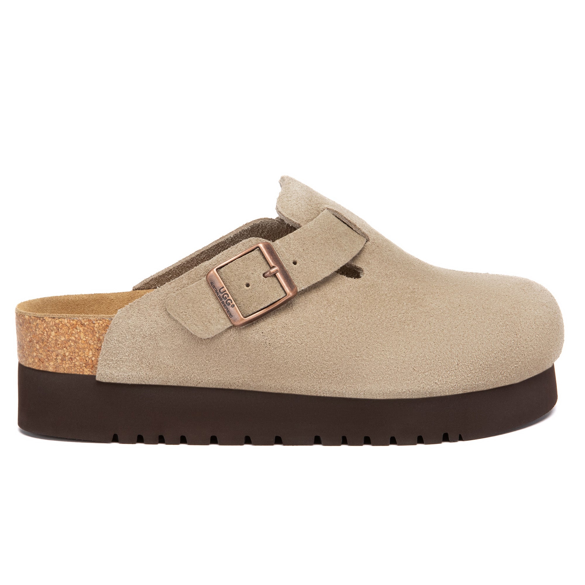 EverUgg Birkie Suede Buckle Platform Clogs slippers with buckle detail and platform sole, showcasing a stylish and comfortable design.