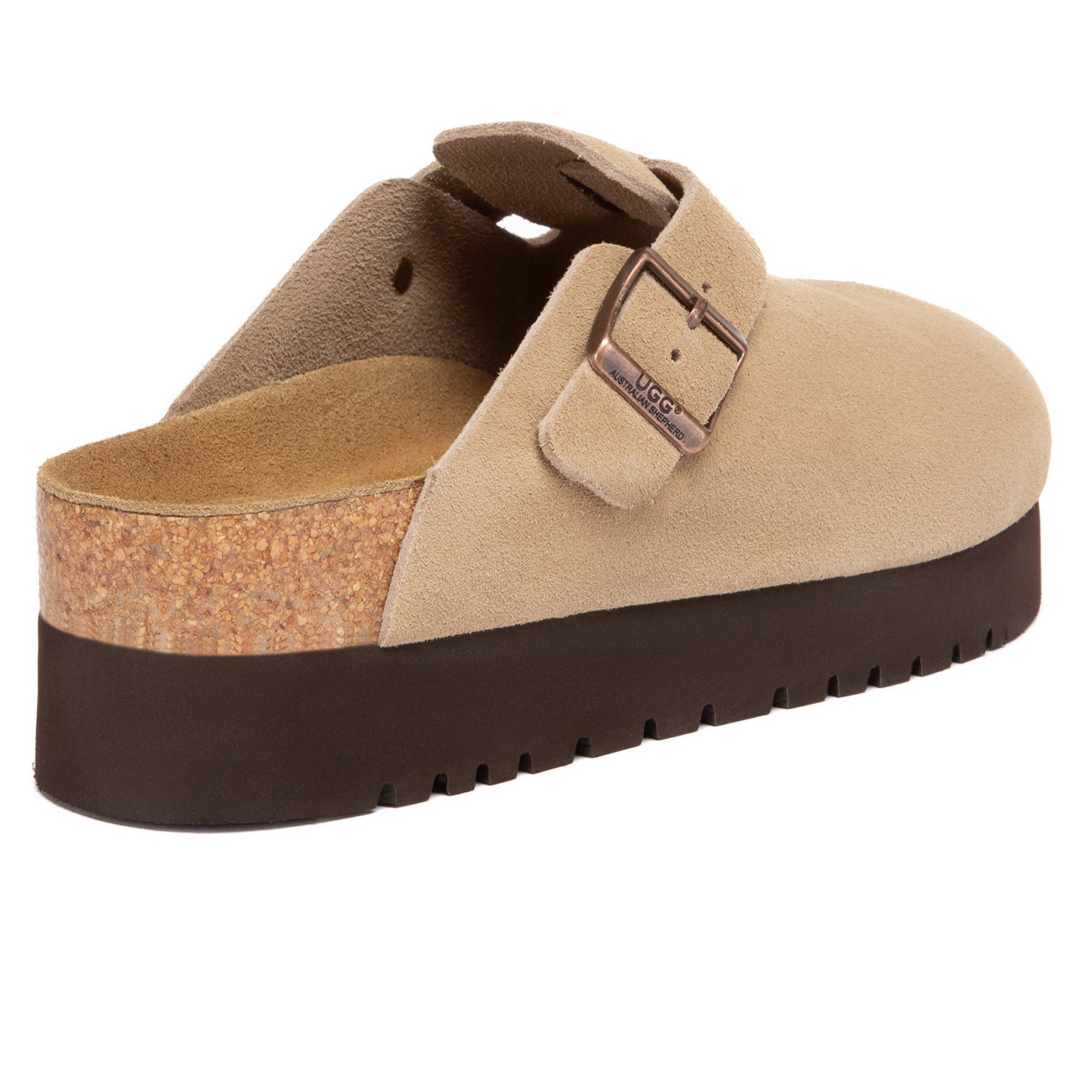 EverUgg Birkie suede buckle platform clogs, cozy slippers with a buckle detail and chunky sole, shown in a close-up view.