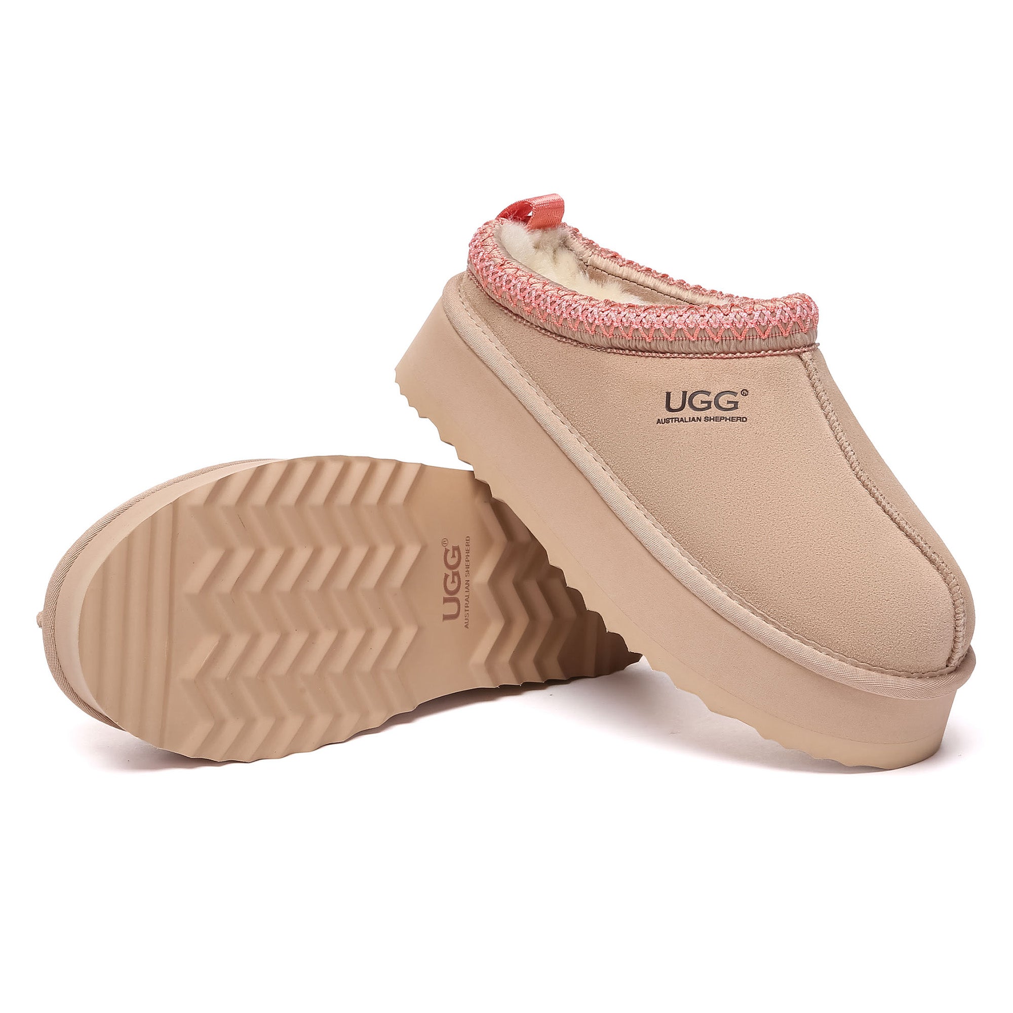 EverUgg Tazman multicolor UGG platform slippers for women with cozy sheepskin lining and sturdy rubber soles.