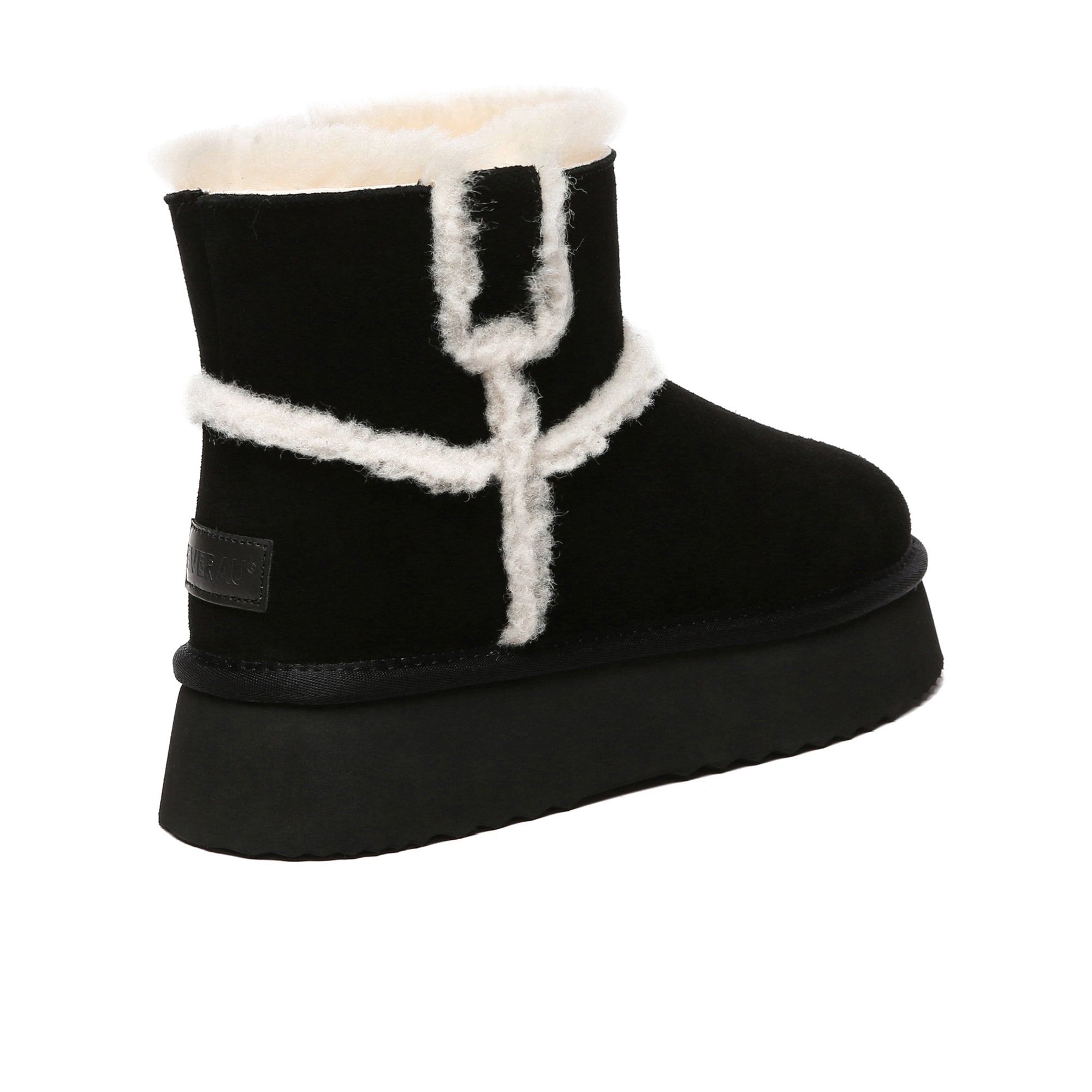 Black EverUgg Bronte Women’s Platform UGG Boots with chunky sole and ankle height, made of soft suede material.