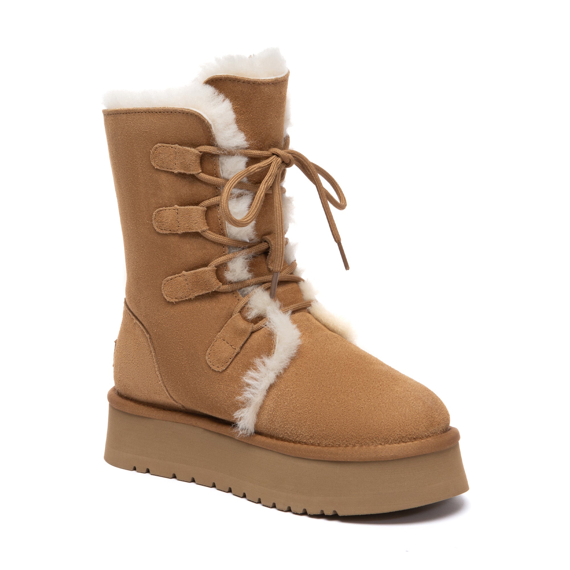 EverUgg Bruno lace-up tall platform boots with chunky soles and UGG-style design, shown in side view with laces and tall shaft.